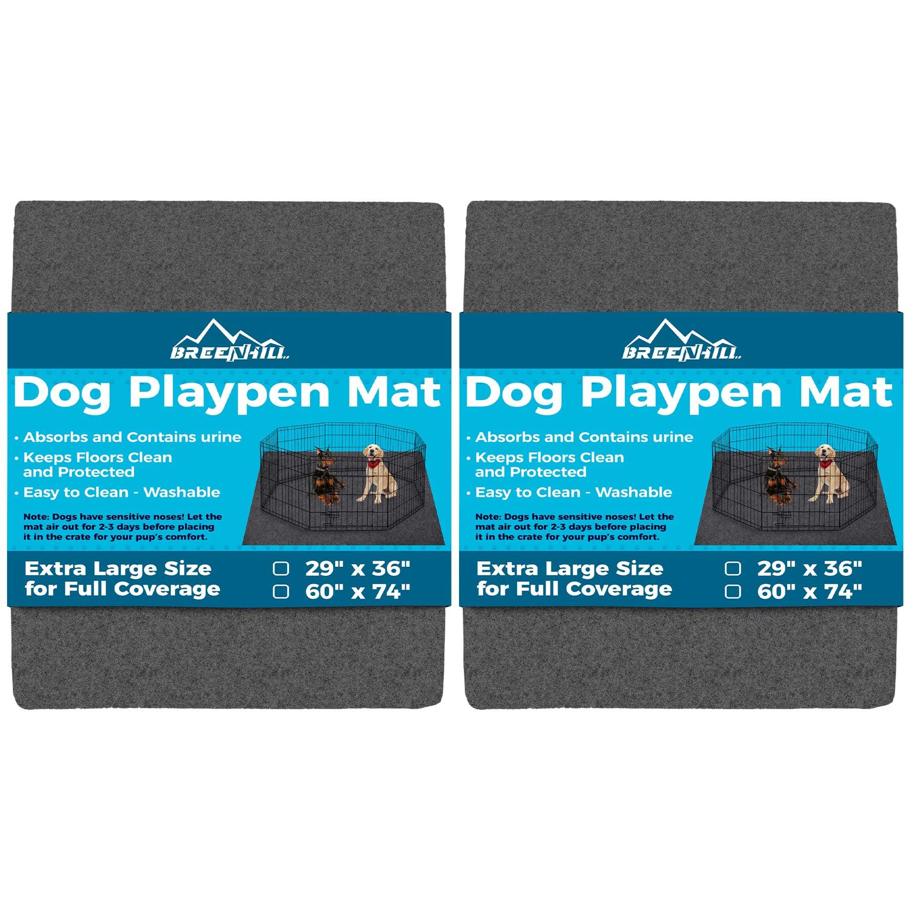 BREENHILL 2-Pack Dog Playpen Mat, XL Size (60” x 74”), Washable Pee Pads for Dogs, Absorbent, Waterproof, Reusable Puppy Pads for Training, Whelping, Housebreaking, Incontinence, and Crate/Kennel