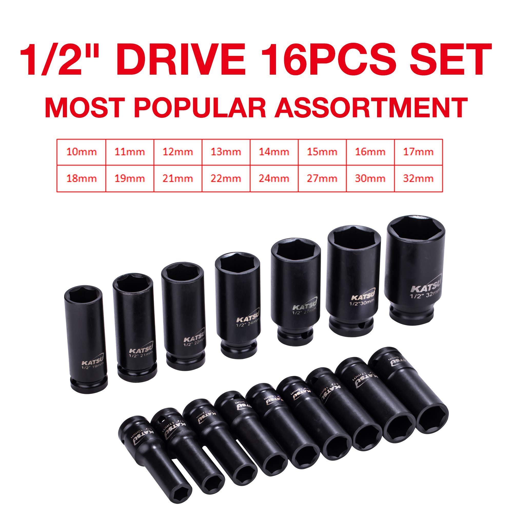KATSU 1/2" Llaves de Vaso Impacto 16 Piezas, 10mm - 32mm Juego de Llaves de Vaso de Impacto Profundo Llave Métrica Resistente, Herramienta de Reparación Motores Camiones Tractores 420441