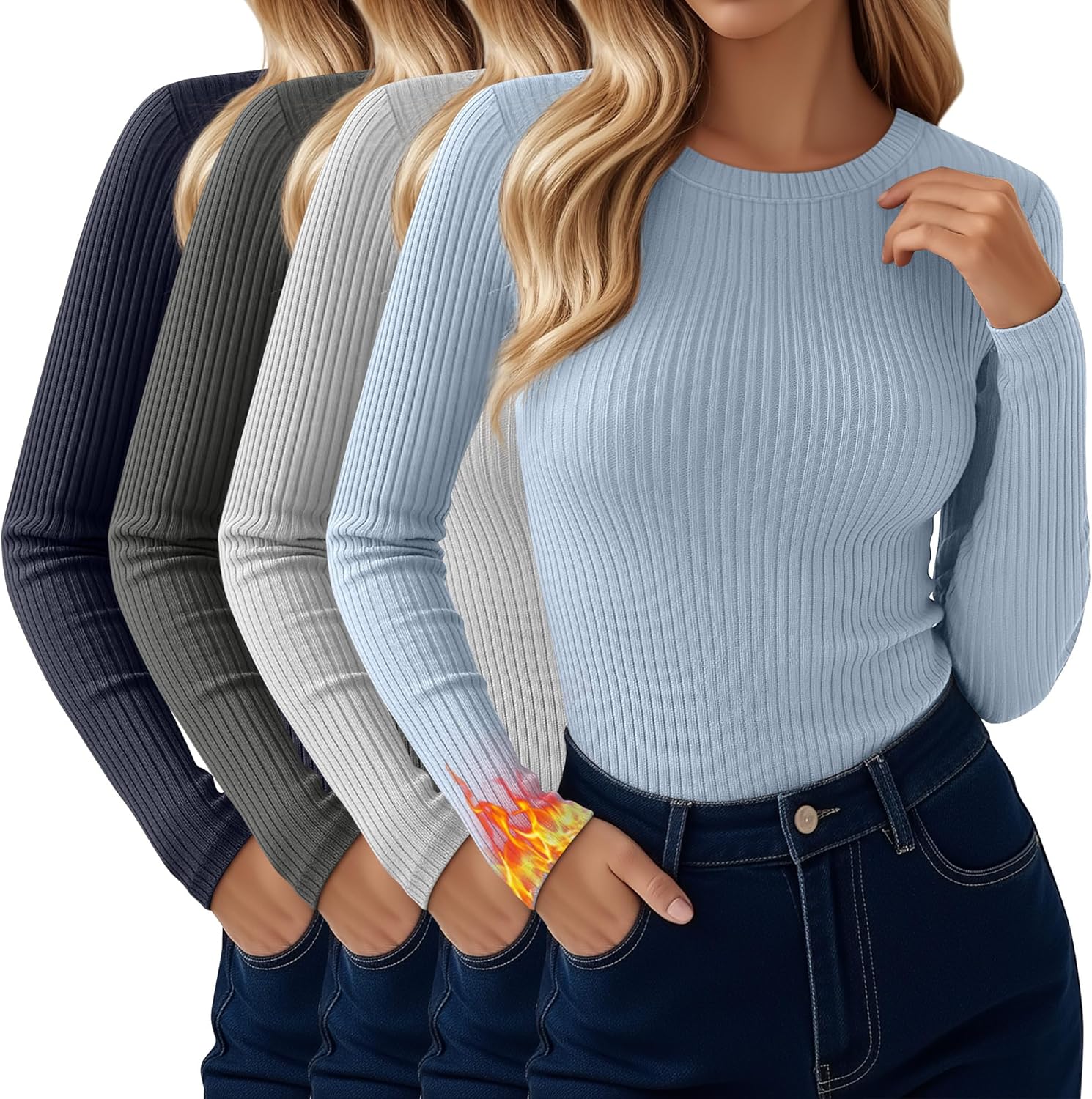 4 Pack Women's Thermal Long Sleeve Shirt Ribbed Cotton Slim Tops Crew Neck Basic Un...