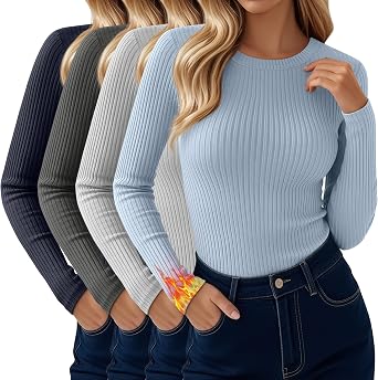 4 Pack Womens Thermal Long Sleeve Shirt | Ribbed Slim Fit Tops, Cotton Base Layering Clothes, Business Casual Outfits, Crew Neck, Fashion Clothes, Cold Weather