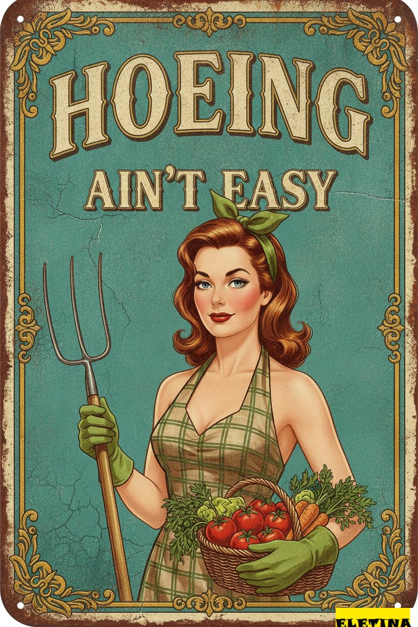 Personalized Sign for Man Cave Hoeing Ain't Easy Funny Garden Art Rustic Tin Plaque Outdoor Indoor Use Patio Yard Bar Pub Wall Decor 8x12in Private Property Decorative