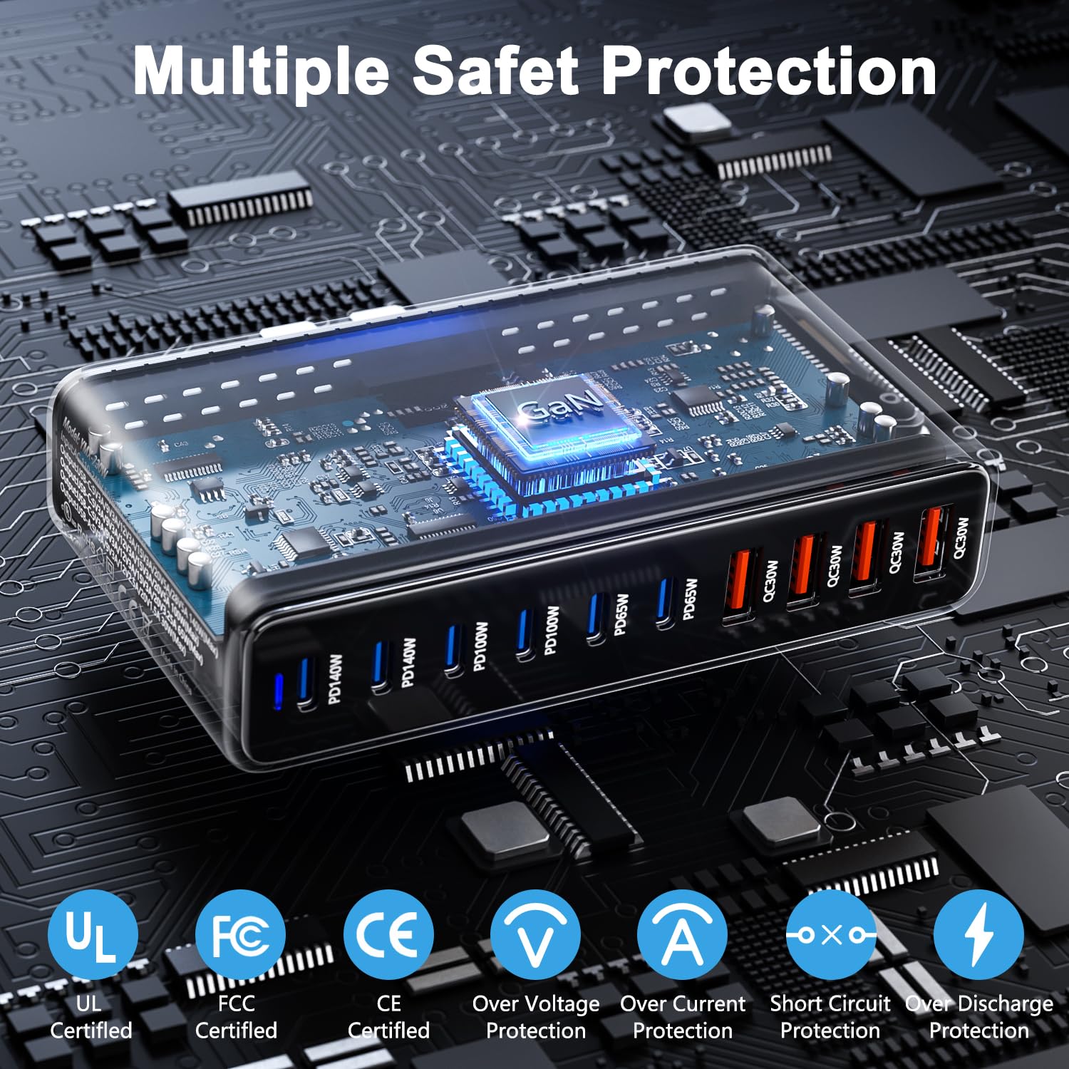 Cargador USB C 730W, Estación de Carga 10 Puertos, Cargador Rápido Adaptador Sector para Ordenador portátil 140W, Alimentación PD, Compatible con iPhone/Samsung/Google/Laptop/MacBook Pro/Air/DELL