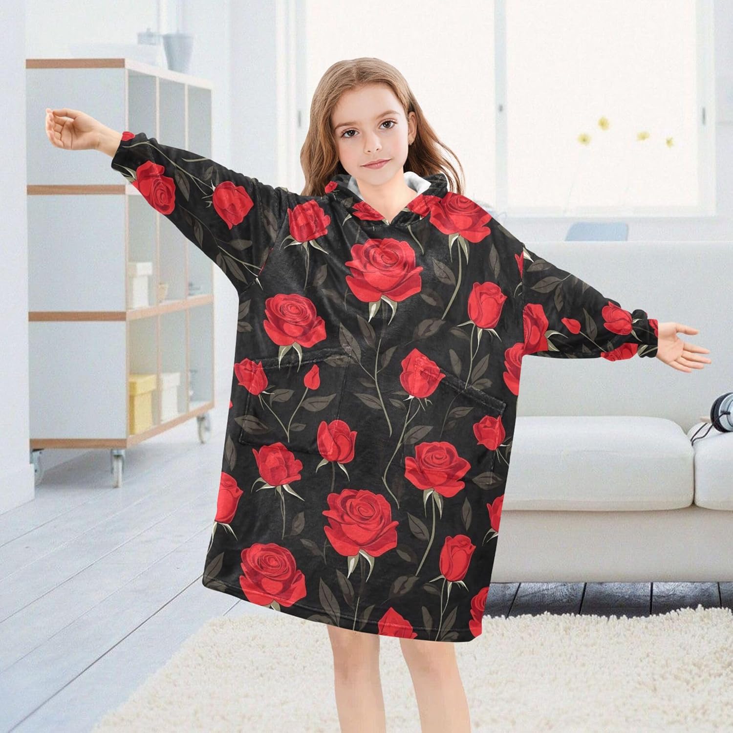 Red Rose Flowers Kids Wearable Blanket Hoodie with Pocket and Sleeves for Toddlers, Cute Hoodies Girls Boys B0403668