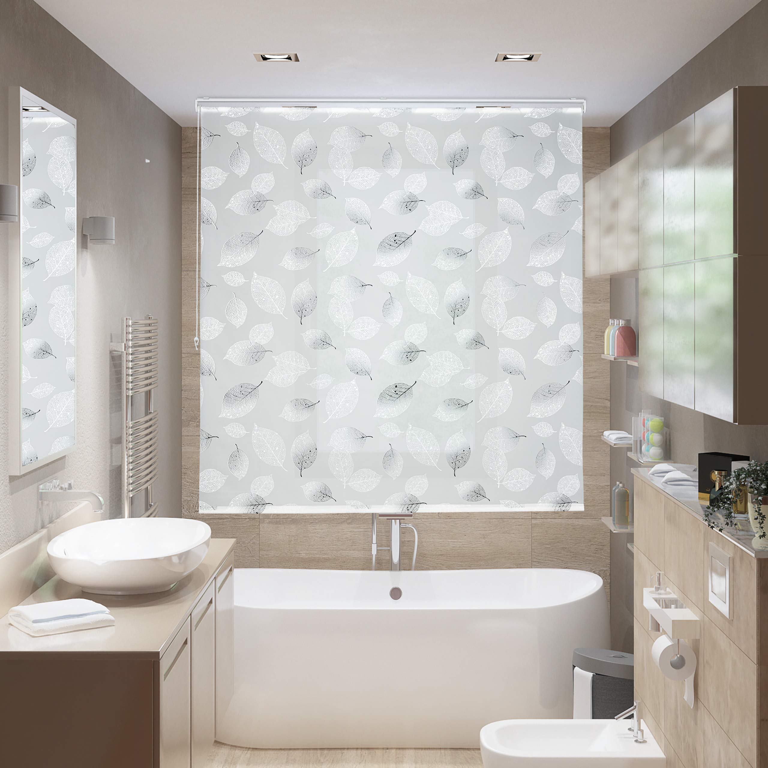 Relaxdays Cortina Enrollable Ducha Estampado de Hojas, Cortina Bañera 160x240cm, Sujeción Techo/Ventana, Blanco y Negro