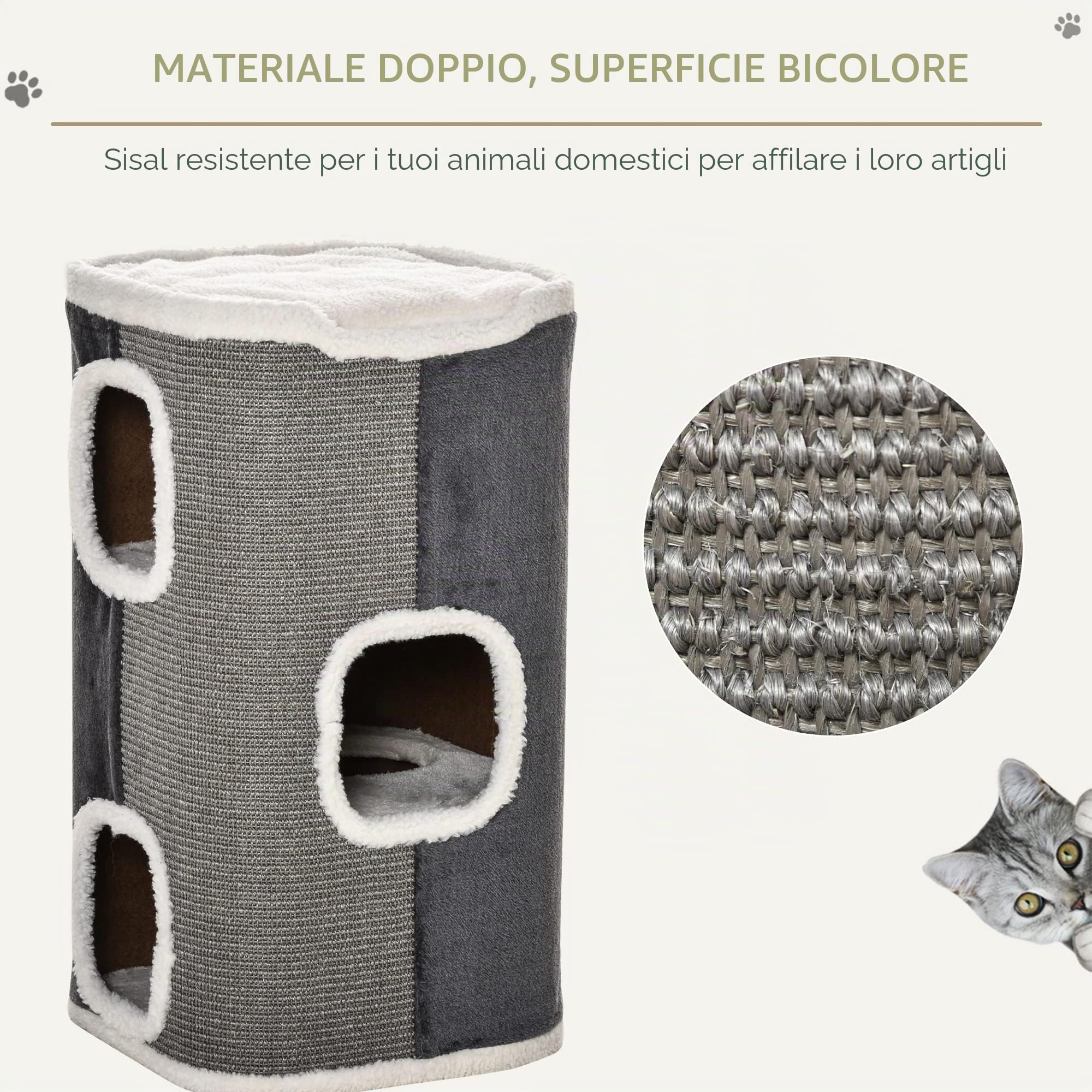 PawHut Albero per gatti con tiragraffi a botte, morbido peluche grigio | Telaio arrampicata per gattini, torre gioco, pile di agnello
