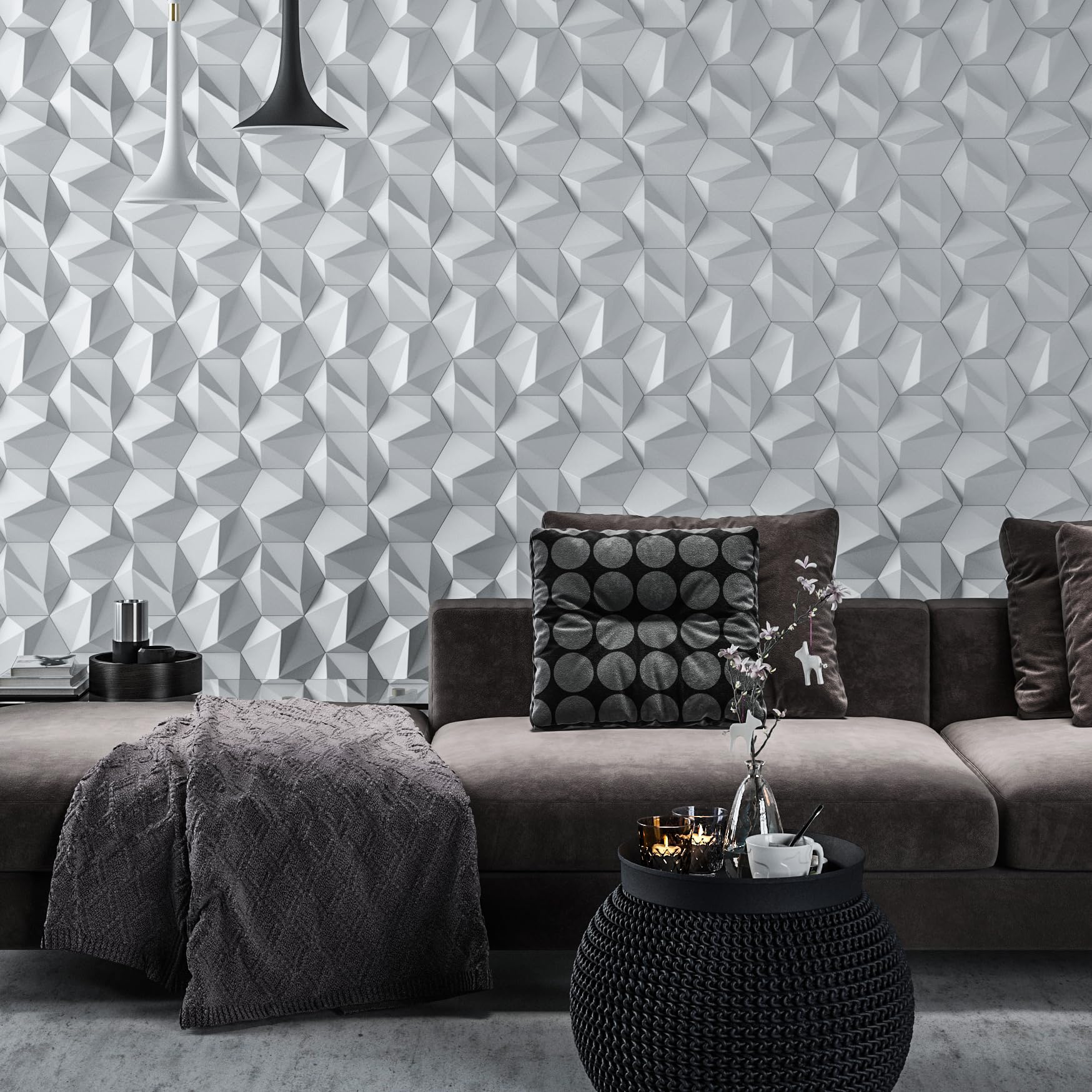 54 paneles de pared 3D, diseño Zeta, forma de pirámide hexagonal (1m²), Blanco