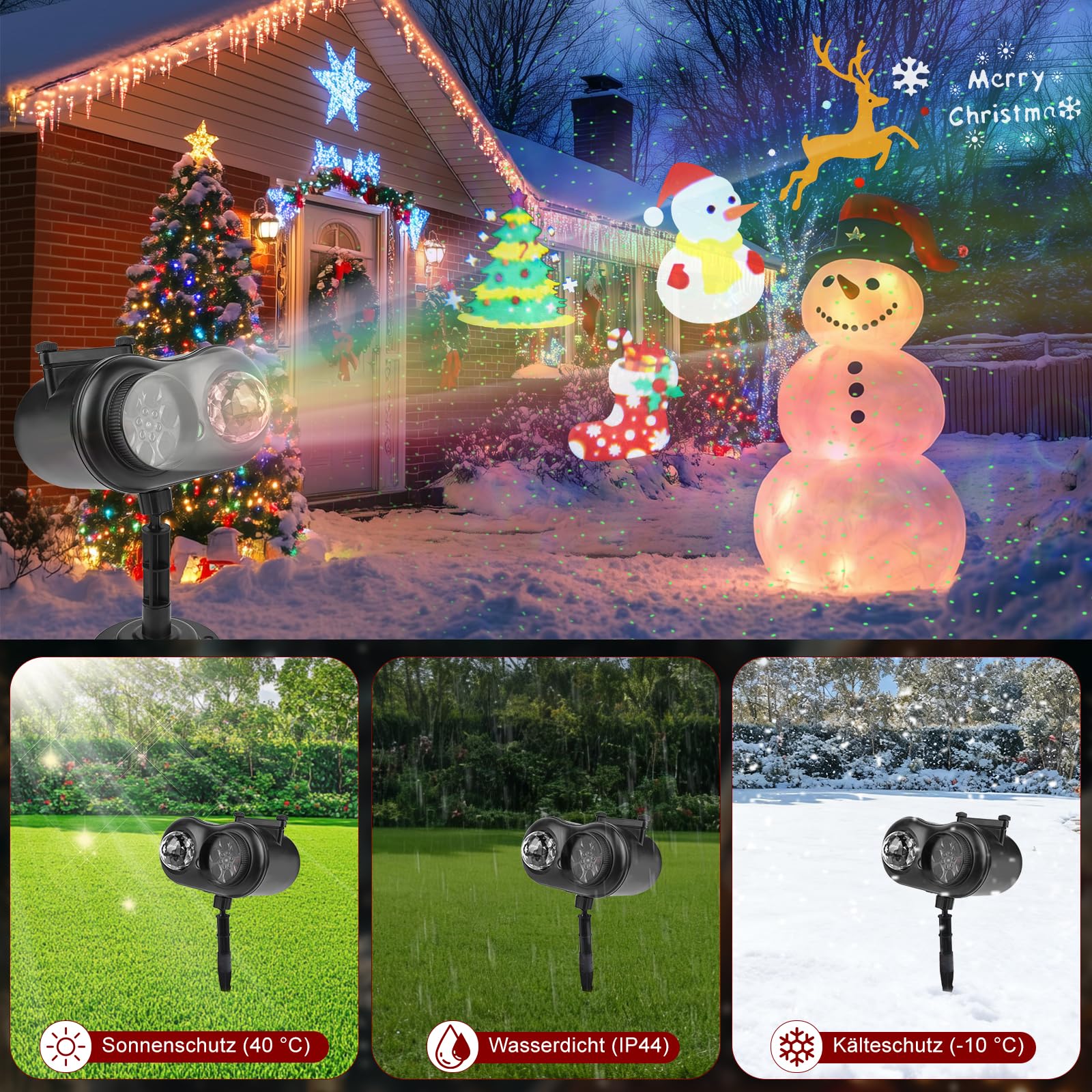 Projektor Weihnachten Aussen, GuKKK 2-in-1 LED Projektionslampe mit 10 Schaltbare Muster 10 Welleneffekt, Wasserdichte Christmas Lights mit Fernbedienung für Weihnachtsbeleuchtung Außen Innen