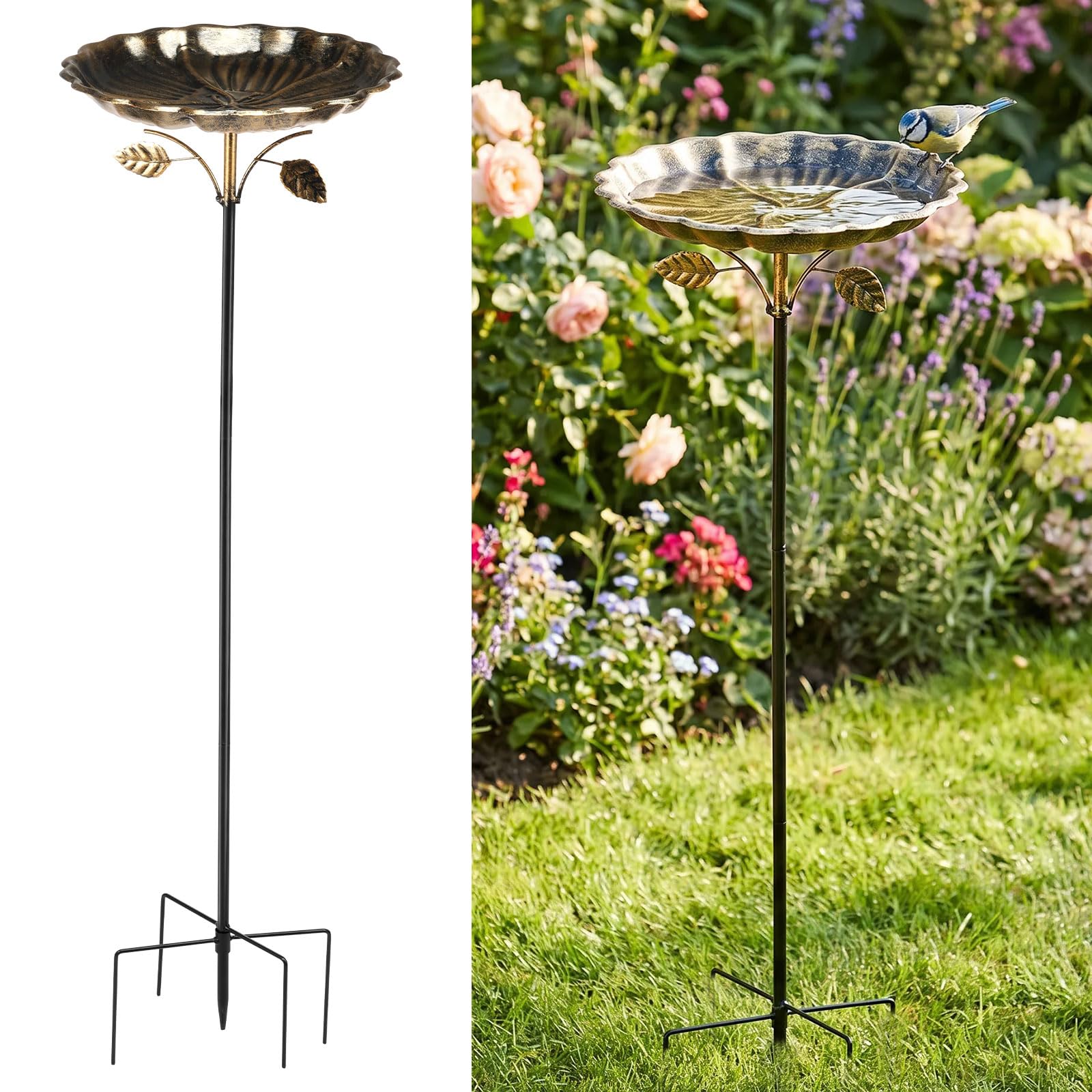 Metal Bird Bath for Outdoors, 32.7" Tall Freestanding Bird Bath Bowl with 5-Prong Stake, Vintage Bronze Weatherproof Birdbath & Birds Feeder Combo for Garden Yard Lawn, Wild Birds Waterer,Garden Decor