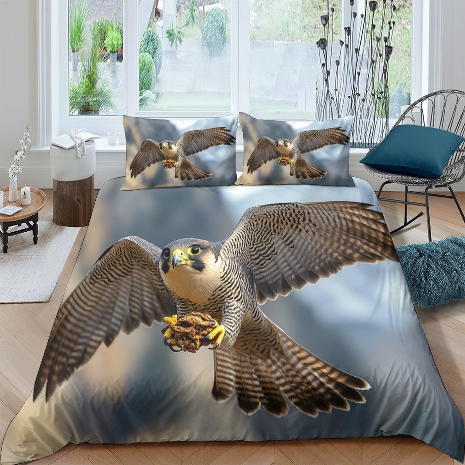 GPLZQXKJNH 3D Printed Flying Falcon Duvet Cover Microfiber Soft Breathable Eagle Bird Bedding Set with 2 Pillowcases for Bedroom Decor Single（135x200cm）