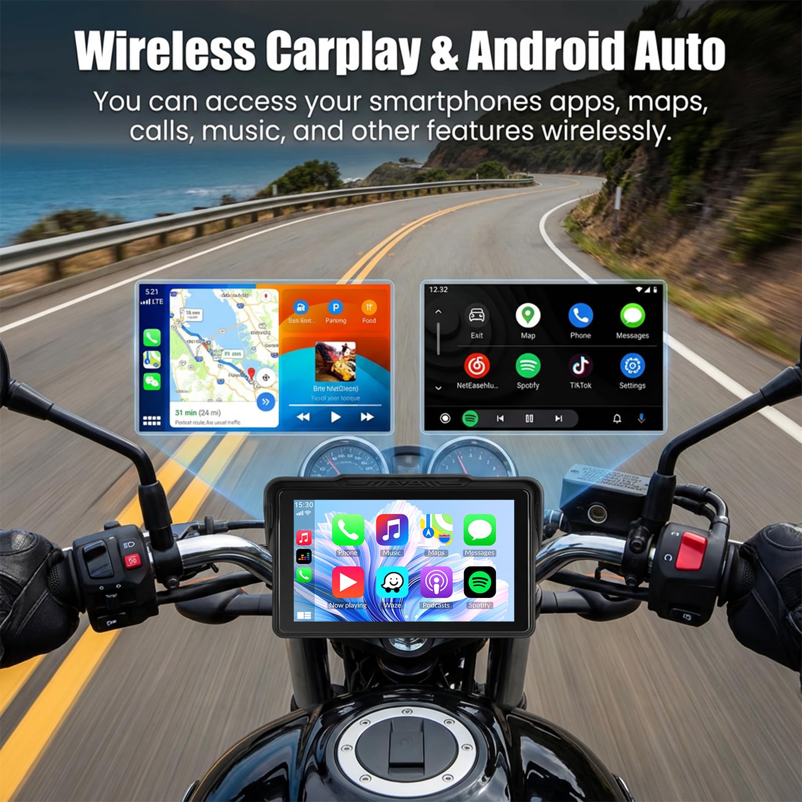 SIXTOP Pantalla Moto 7 Pulgadas, Carplay y Android Auto Inalámbrico para Motocicletas con Soporte Desmontable, Bluetooth, IP67 Impermeable, Control por Voz Siri