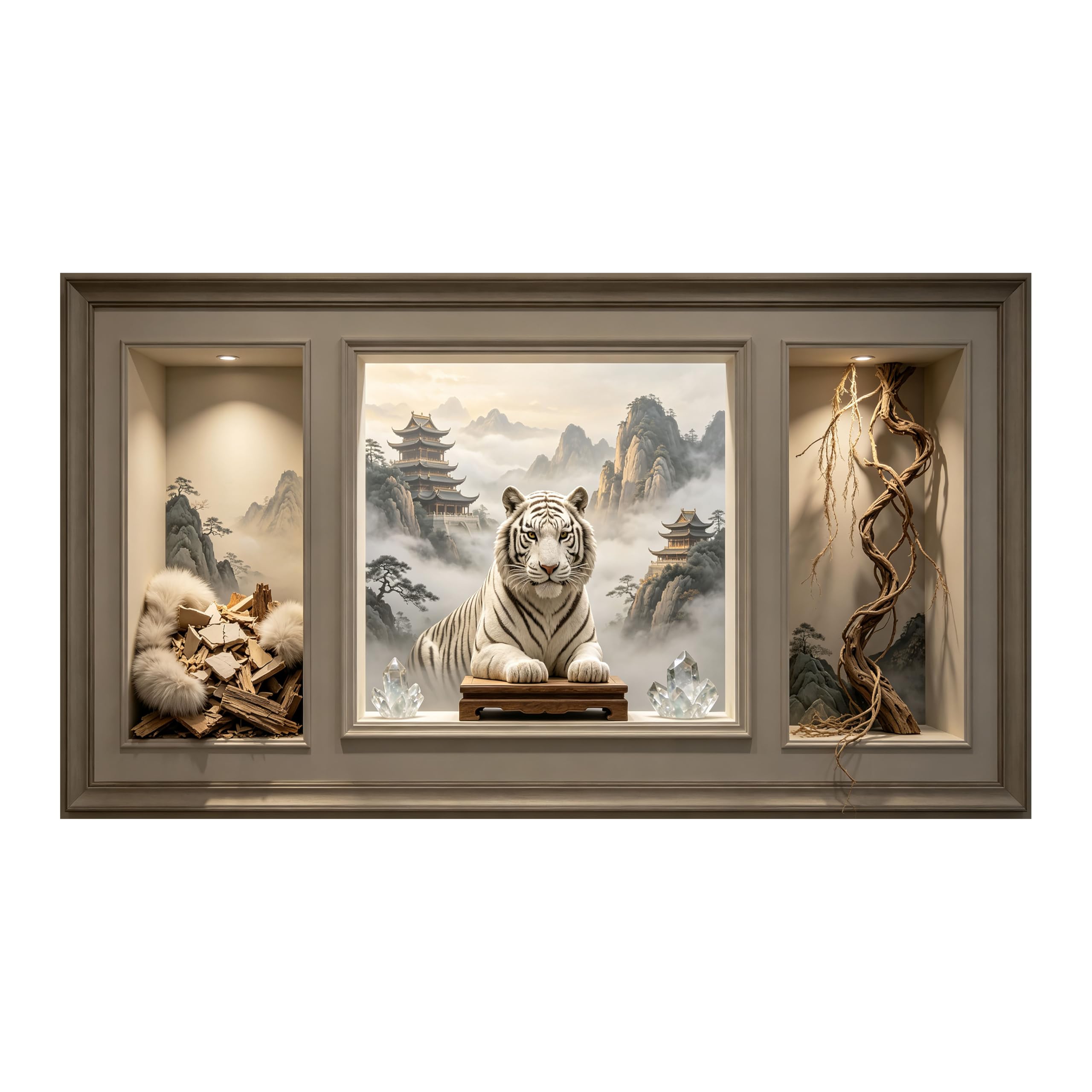 Yzpallescene 3D Framed Wall Art White Tiger Oriental Mountain Temple Misty Landscape Large Size SelfAdhesive Removable Wall Decor Prints Artwork for Living Room Bedroom Office