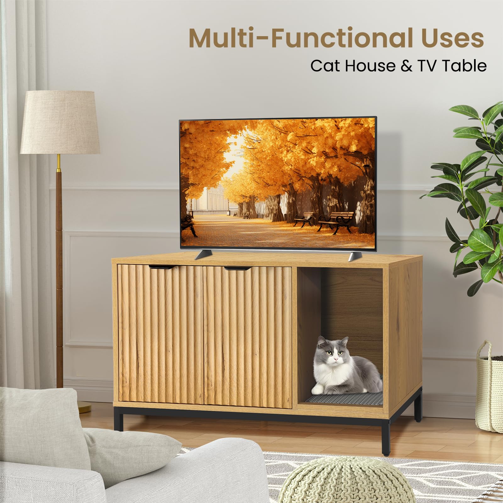 Cat Litter Box Enclosure, Hidden Litter Box Furniture with Metal Legs, Side End Table Indoor Cat House Storage Cabinet 31.5 x 19.7 x 20 Inches (Black + Gold)