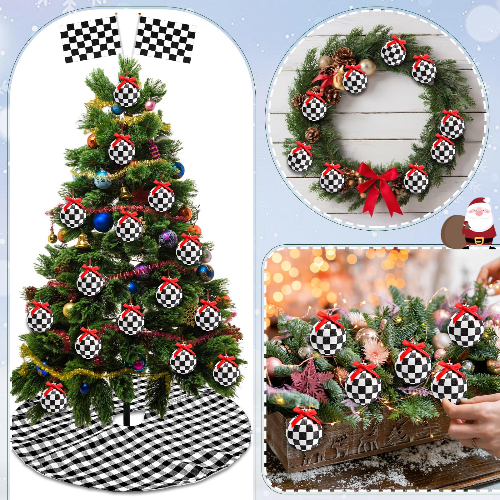 Hiboom Lot de 15 décorations de sapin de Noël à carreaux, 12 boules de Noël noires et blanches, 1 jupe de sapin de Noël à carreaux, 2 drapeaux de course en polyester avec bâtons en plastique pour fête
