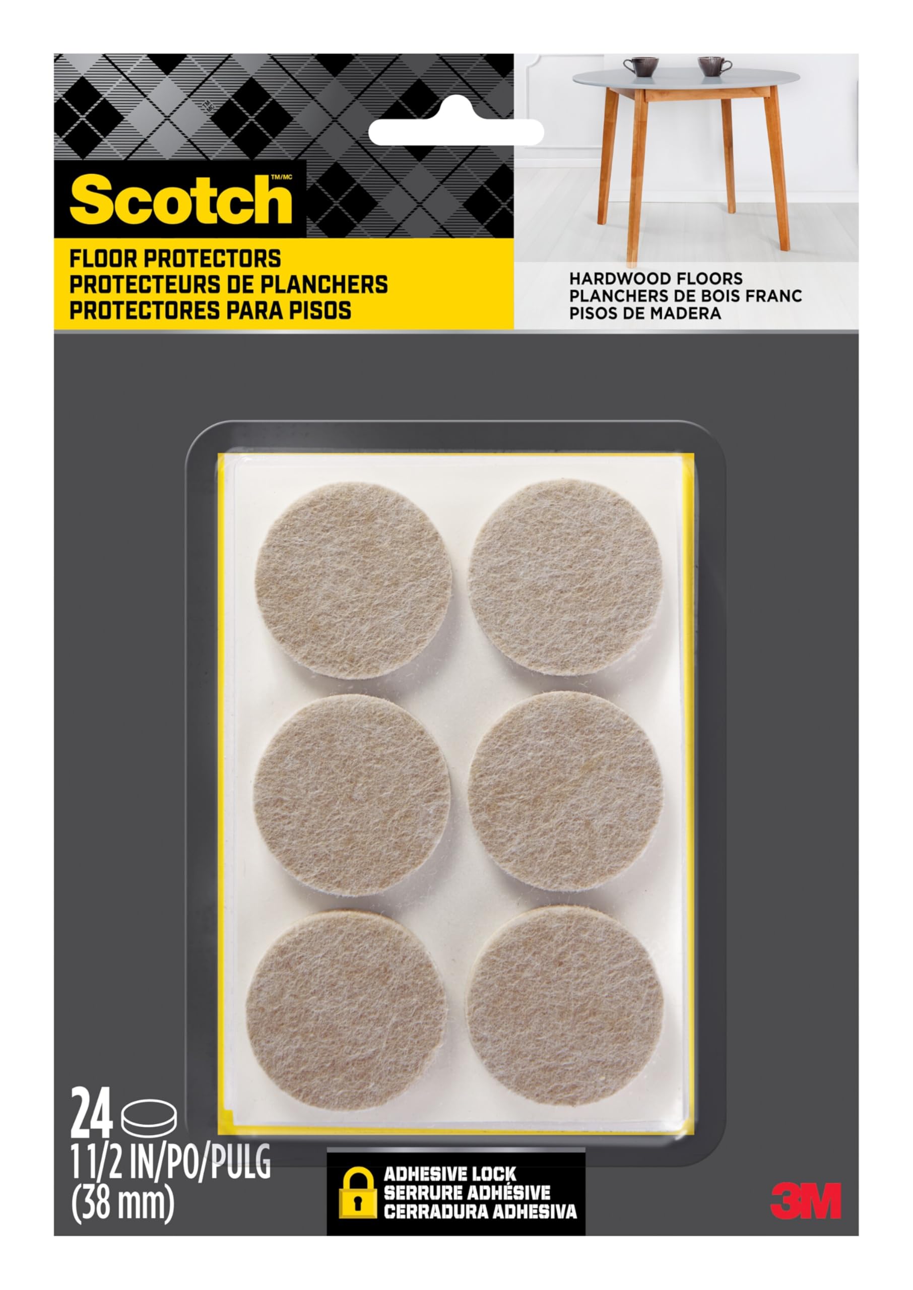 Scotch Felt Pads, Felt Furniture Pads for Protecting Hardwood Floors, Round, 1.5 in. Diameter, Beige, 24 Pads