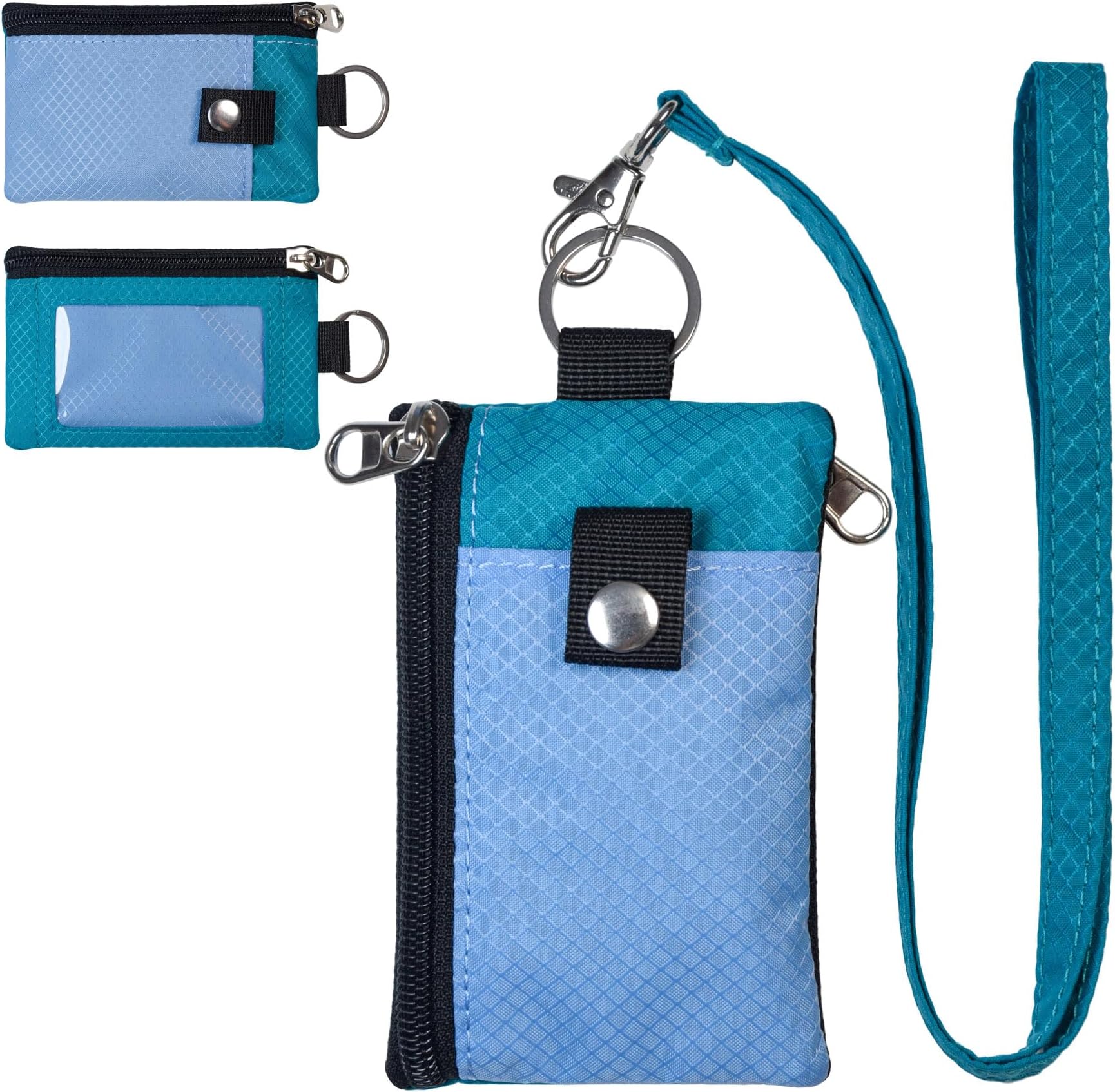 Minimalist RFID Blocking Small Wallet with ID Window,WaterResistant Zip Id Case Wallet with Lanyard Keychain for Cards,Cash,Travel,Women,Men (Blue+Green)