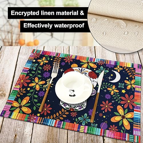 Miniatura 3 de AnyDesign Día de los Muertos - Manteles individuales de calavera, estilo mexicano, manteles individuales de flores coloridas con calavera,