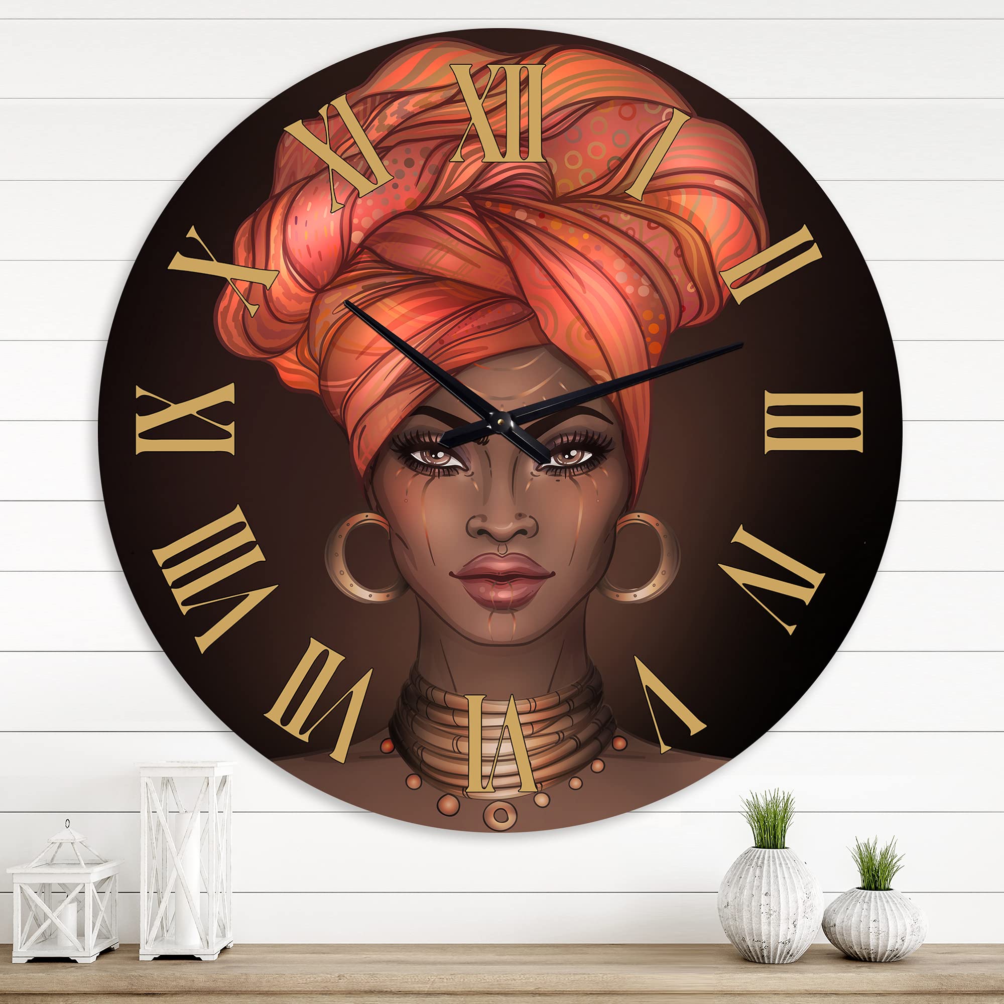 Modern Wall Clock 'African American Woman with Turban V' People Large Wall Clock for Bedroom Decor