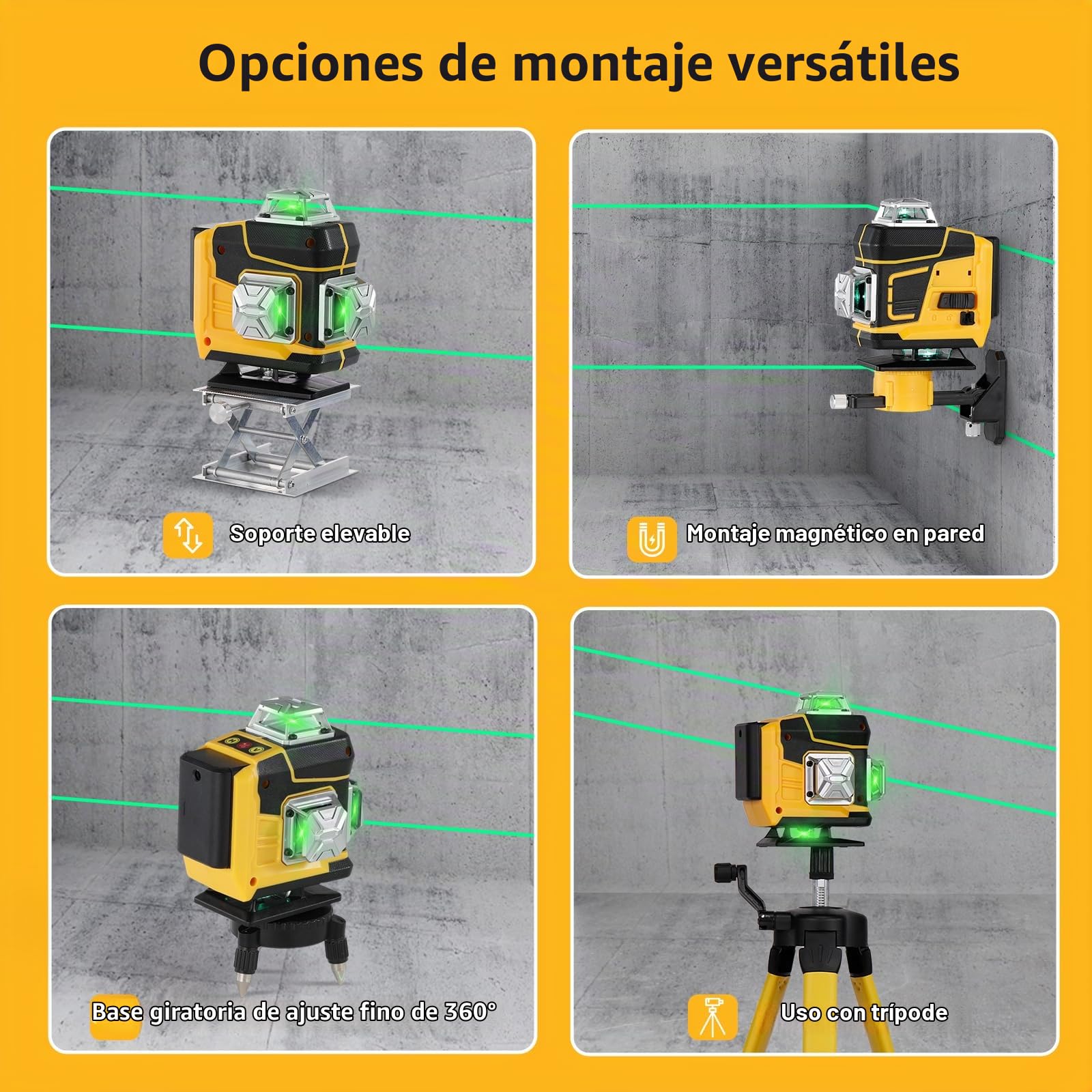 Nivel Láser 4D de 16 Líneas, Nivelación Automática de 3°, Herramienta de Nivelación con Batería de Litio Recargable y Barra de Extensión de Aleación Ajustable en 3 Alturas, Soporte de Trípode