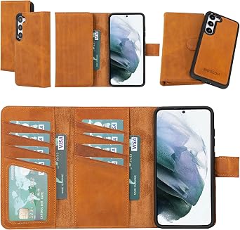 Bayelon Leather Case for Samsung Galaxy S23, Full Grain Leather Detachable Wallet Case, Magnetic Flip Cover with Card Slots, Horizontal Viewing Kickstand, Durable Frame Antique Camel