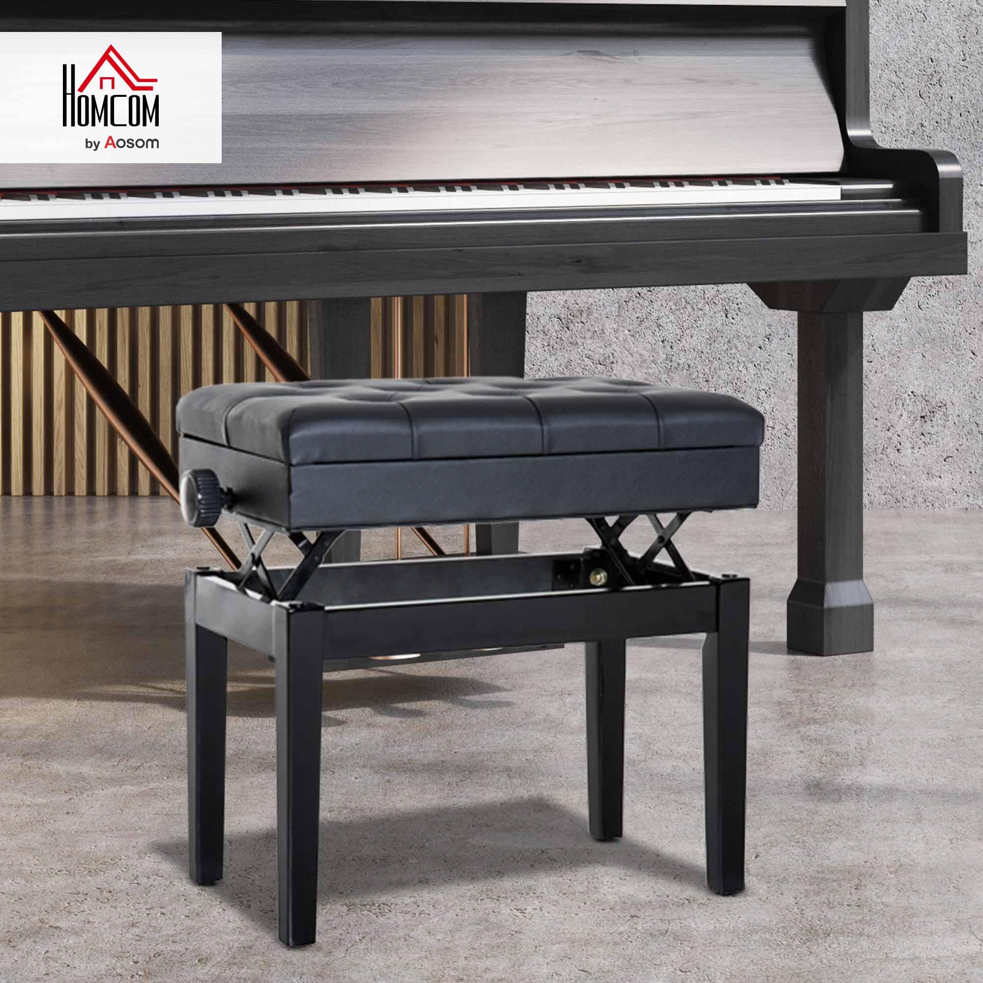 HOMCOM Banc de Piano, Banc de Clavier réglable en Hauteur en Bois Massif, Tabouret Piano avec Compartiment caché, siège rembourré polyuréthane à 10 Boutons, Stable et antidérapant, Charge 200kg, Noir