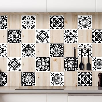 بلاط ملصق قشر وعصا، عصا على بلاط Backsplash للمطبخ الجدار بلاط ملصقات ورق الحائط ملصقات الحمام الفينيل ذاتية اللصق، Papel Tapiz para Cocina، أسود وأبيض كلاسيكي