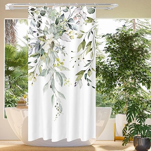 Vista 157 de Tititex - Juego de cortinas de ducha de eucalipto verde oliva, hojas de acuarela en la parte superior con decoración floral de baño, 60 x 72 Hojas