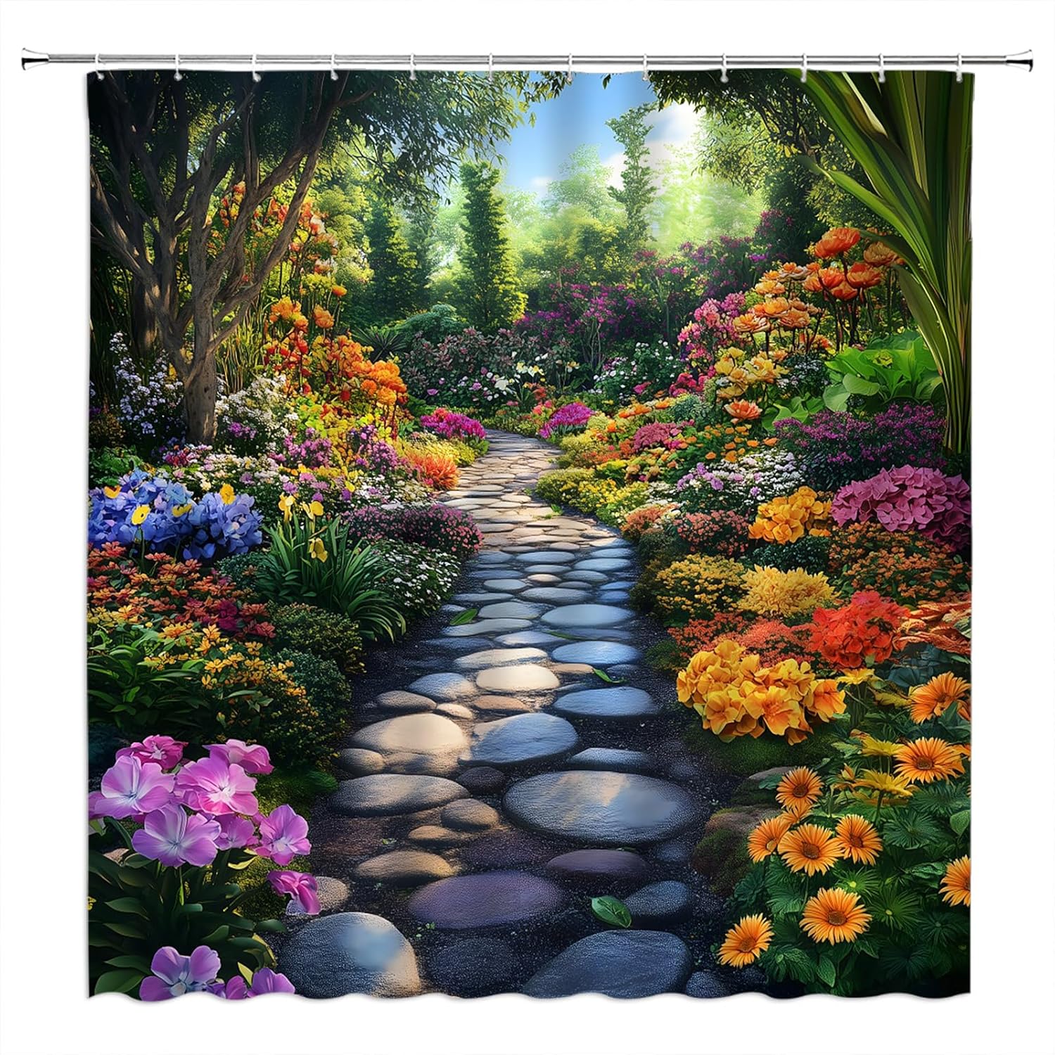 Garden Landscape Extra Long Shower Curtain Colorful Floral Tree Forest Flower Road Scenery Green Yellow Purple Fabic with Hooks for Bathroom Decor,70x84 Inch