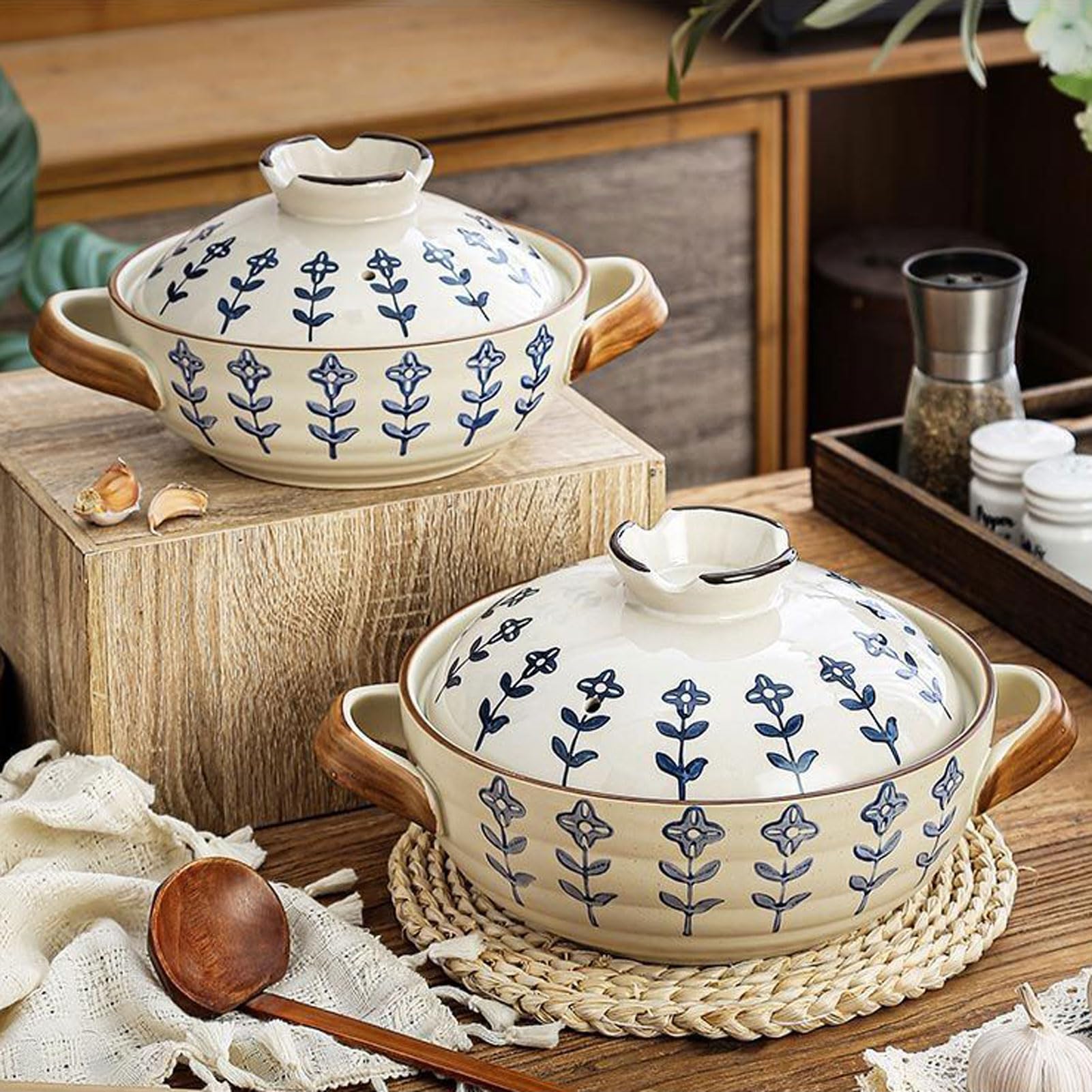 Keramikauflauf, Handgefertigter Keramiktopf für Reisgerichte, Langsames Garen, Suppen, Keramik Kochtopf mit Deckel für Eintopf, Hotpot, Familienküche Zuhause (A 1.5L)