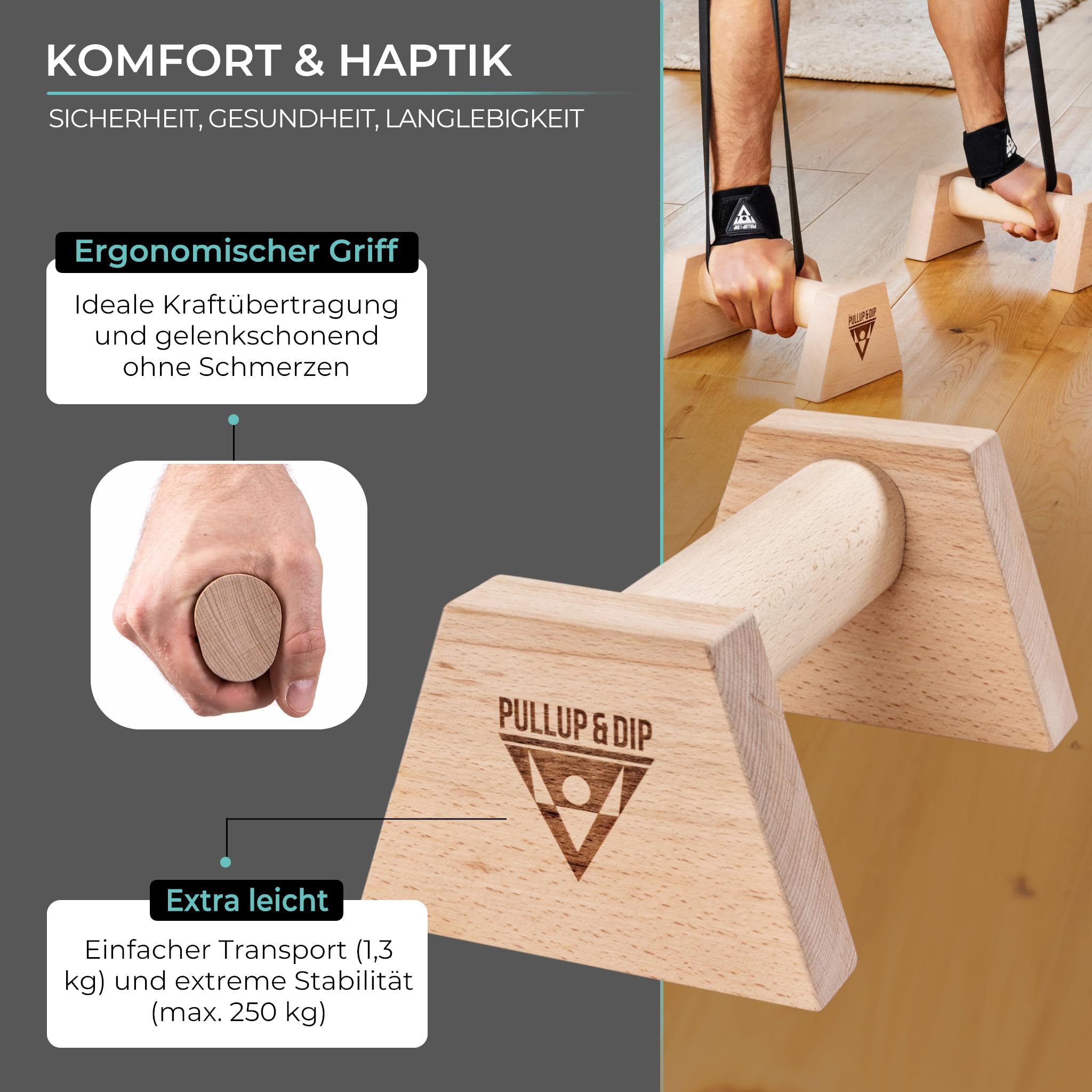 PULLUP & DIP Liegestützgriffe aus Holz inkl. Handgelenkbandagen – Ergonomische Handstandgriffe, rutschfeste Push-Up Bars für Calisthenics, Fitness & Oberkörpertraining