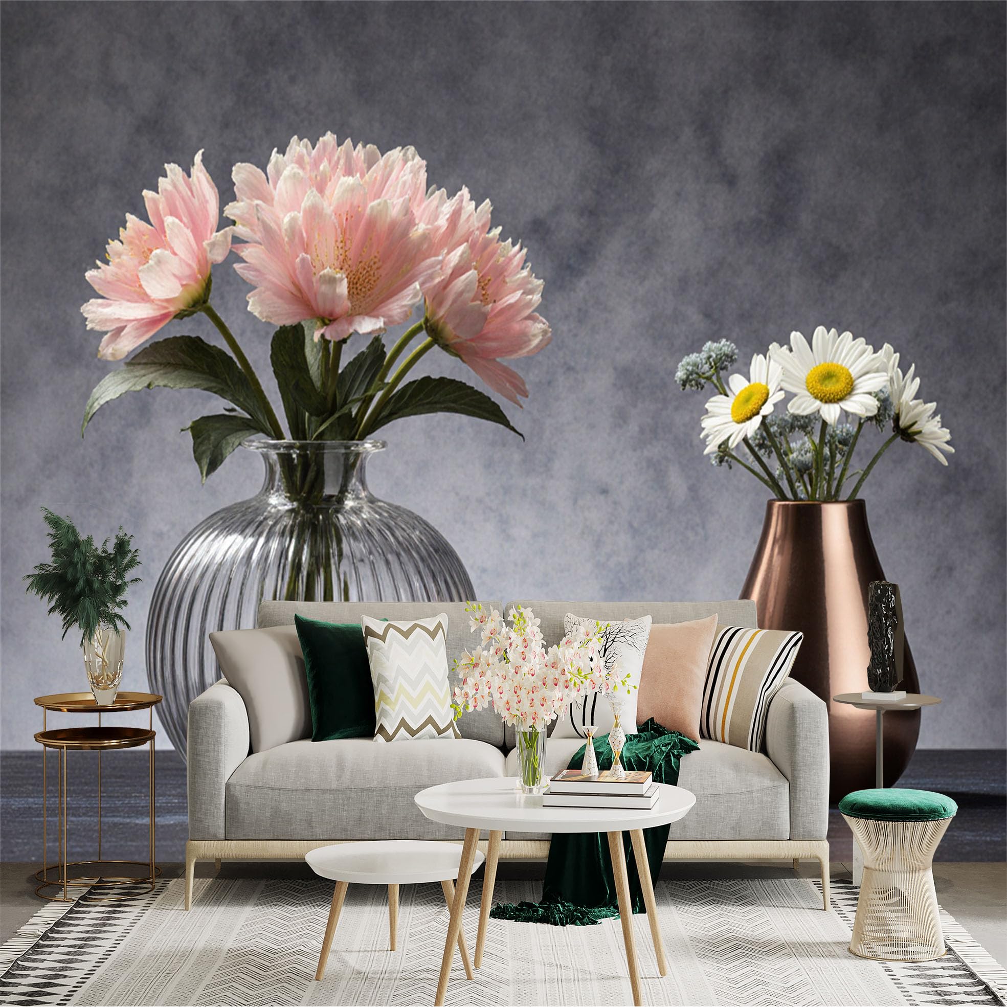 Custom Size Wall Sticker Mural， Pink Peonies in Ribbed Glass Vase， White Daisies in Metallic Pot， for wall Decoration， peelandstick wall Decals.