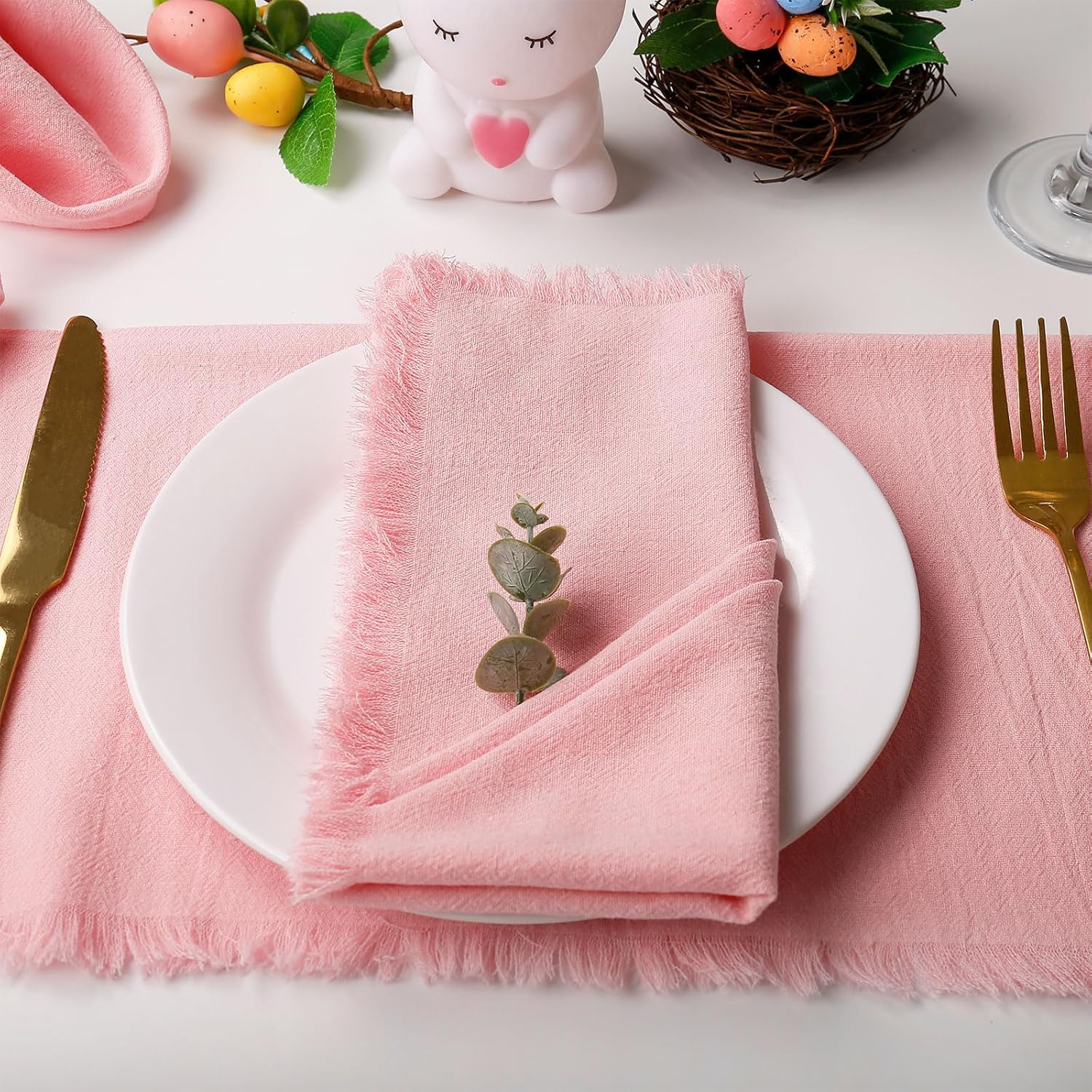 ハンドメイドピンク布ナプキン 6枚セット 100%コットンナプキン フリンジ付き 18 x 18インチ ソフトディナークロスナプキン