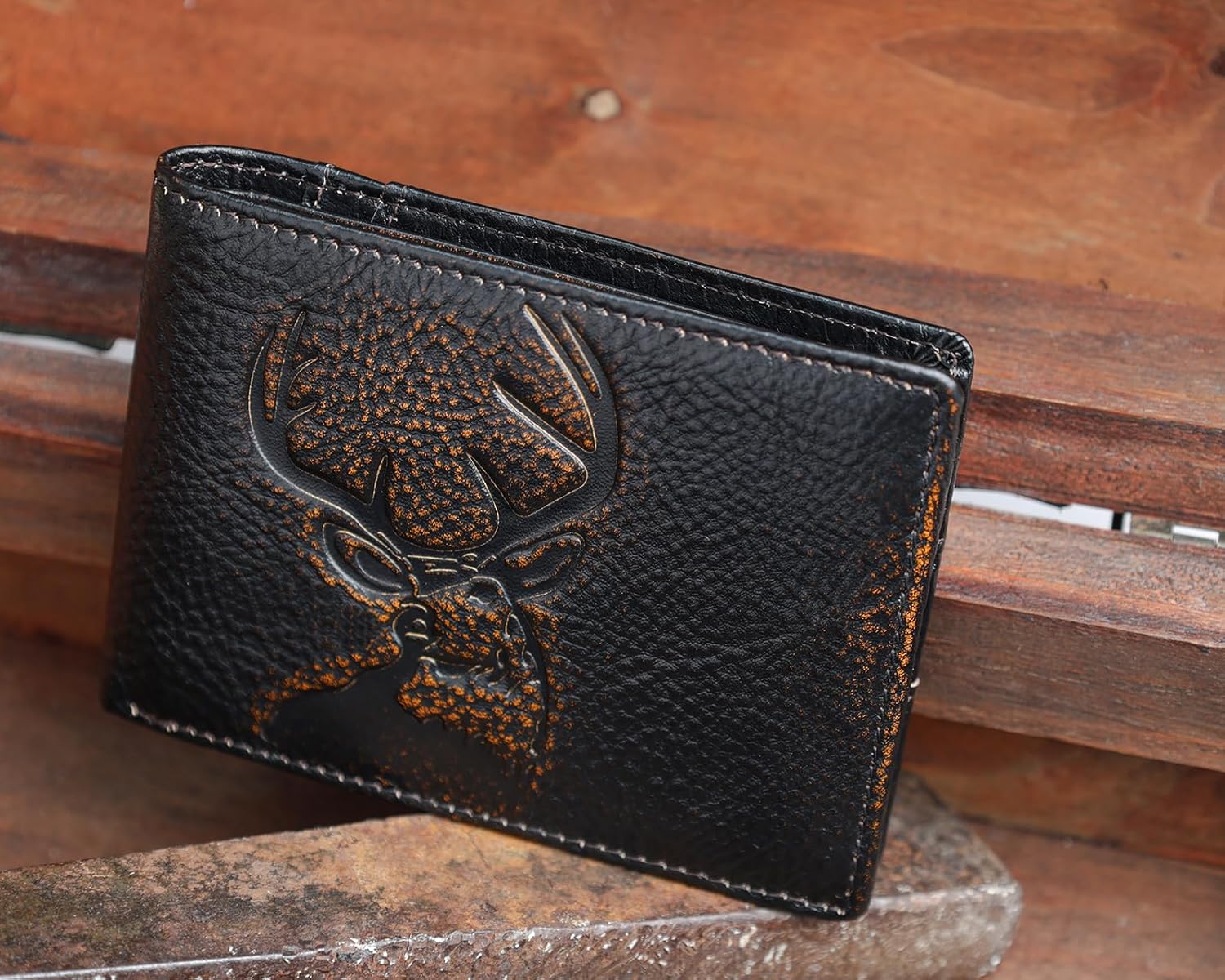 DK86 Wallet for Men Slim Rfid Bifold Genuine Leather 2 ID Window With Gift Box (black brown with deer) - Image 2