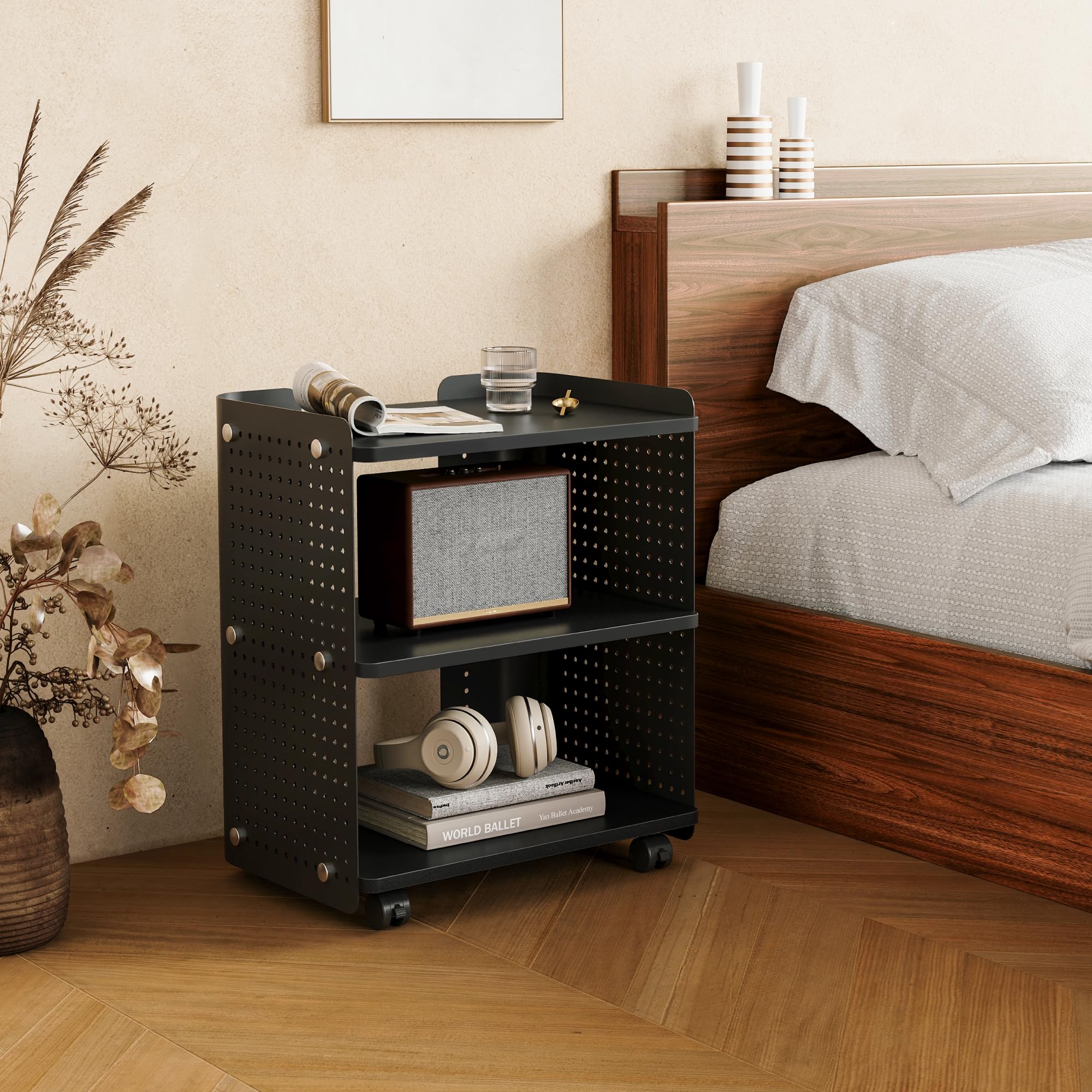 Fenge Soporte para Impresora de 3 Niveles con Tablero Perforado, Organizador de Oficina con Estante Ajustable, Carrito de Impresora para Oficina en Casa, 45,3x33,5x53,5cm (Negro)