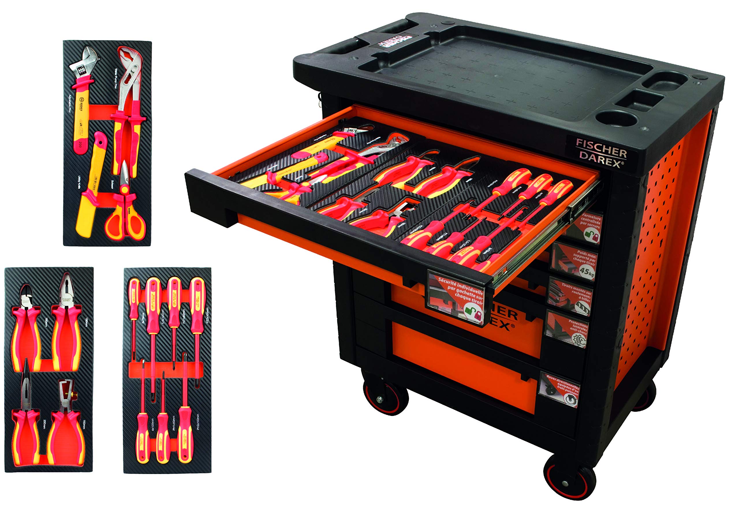 Fischer Darex - Servante d'atelier verrouillable, 6 tiroirs équipés 13 outils composition électricien
