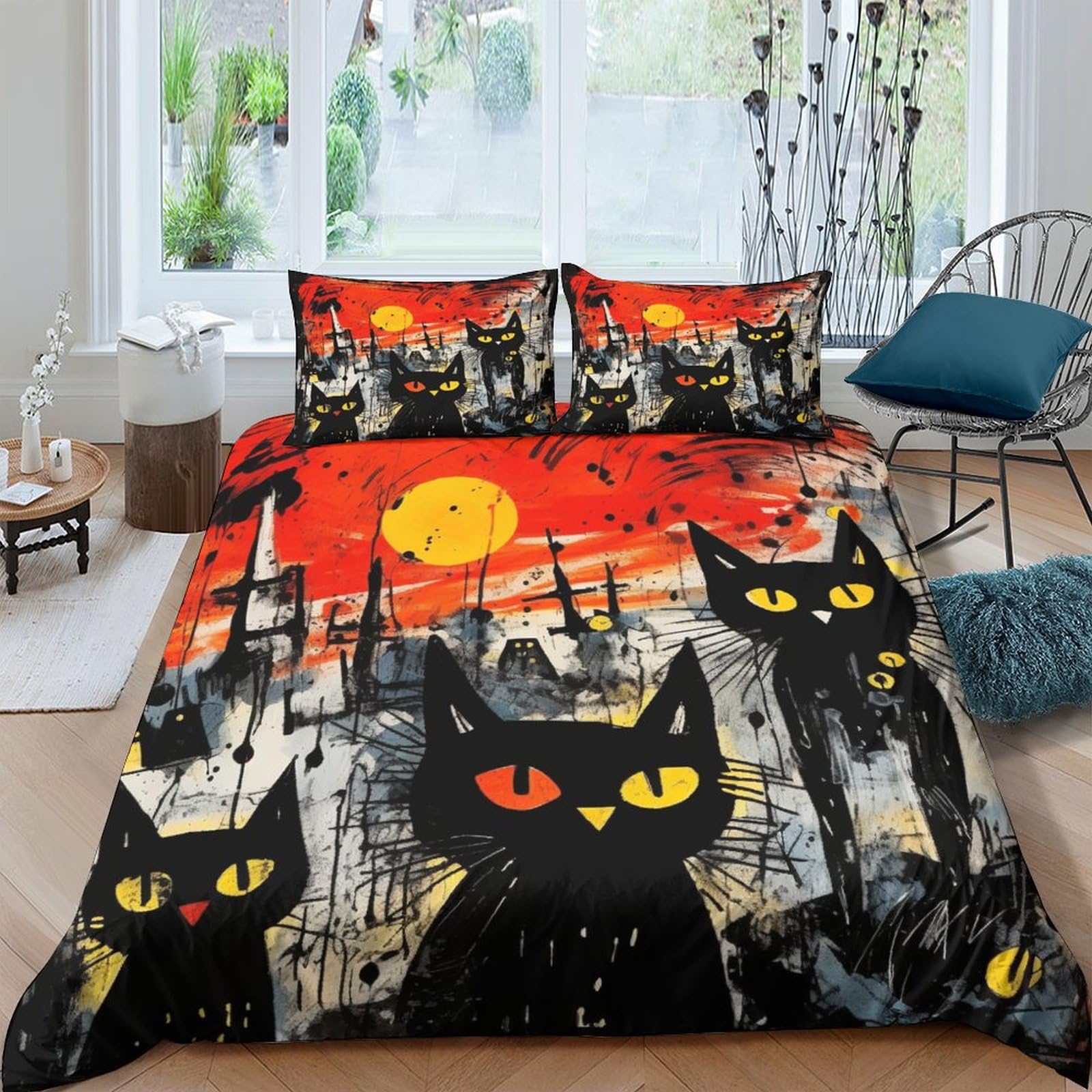 Housse de couette chat 3D effet peinture à l'huile King 220x240cm avec taies d'oreiller
