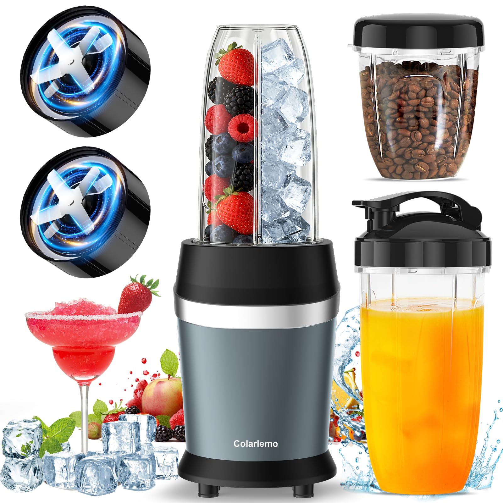 Colarlemo 1200W Smoothie Blender, Personal Kitchen Blender, Ice Crushing | 25000 RPM, Dishwasher Safe, 12Pcs, 6-Leaf Blade×2, 3 Cup Sizes, Smoothie Maker Grinder Frozen Drinks Nuts, Ash Blue