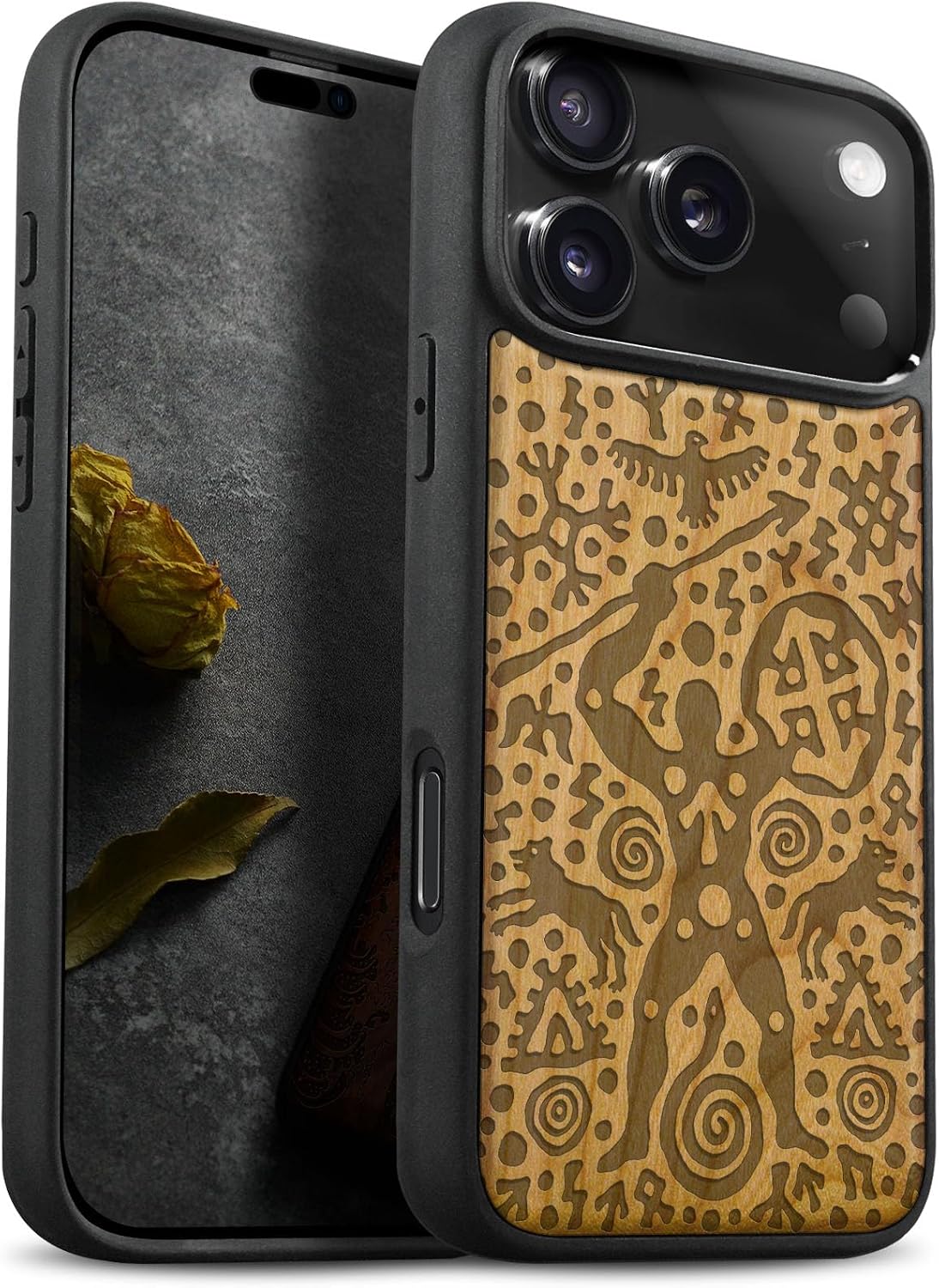 Carveit Magnetic Wooden Case for iPhone 17 Pro Case, Wood Artisan Engraved & Black Soft TPU Shockproof Cover, Compatible with MagSafe Wireless Chargers (Crucifix Nails) Rosy