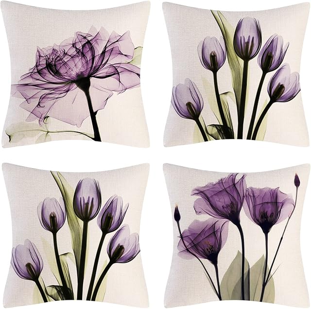 OCEUMACO Linen Cushion Covers 40cm x 40cm Sofa Living Room Set of 4 Square Art Lilac Floral Throw Pillow Cases 16 x 16 Inches Outdoor Decorative Boho Flowers Pillowcases Cushions Cover - Purple
