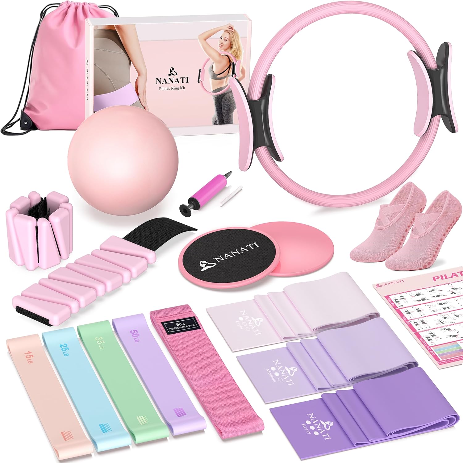 Pilates Kit, Home Pilates Workout Kit for Women, Pilates Equipment with 14.5″ Pilates Ring and Ball, Resistance Bands, Ankle Weights, Sliders & Grip Socks Accessories for Starter Home Workouts