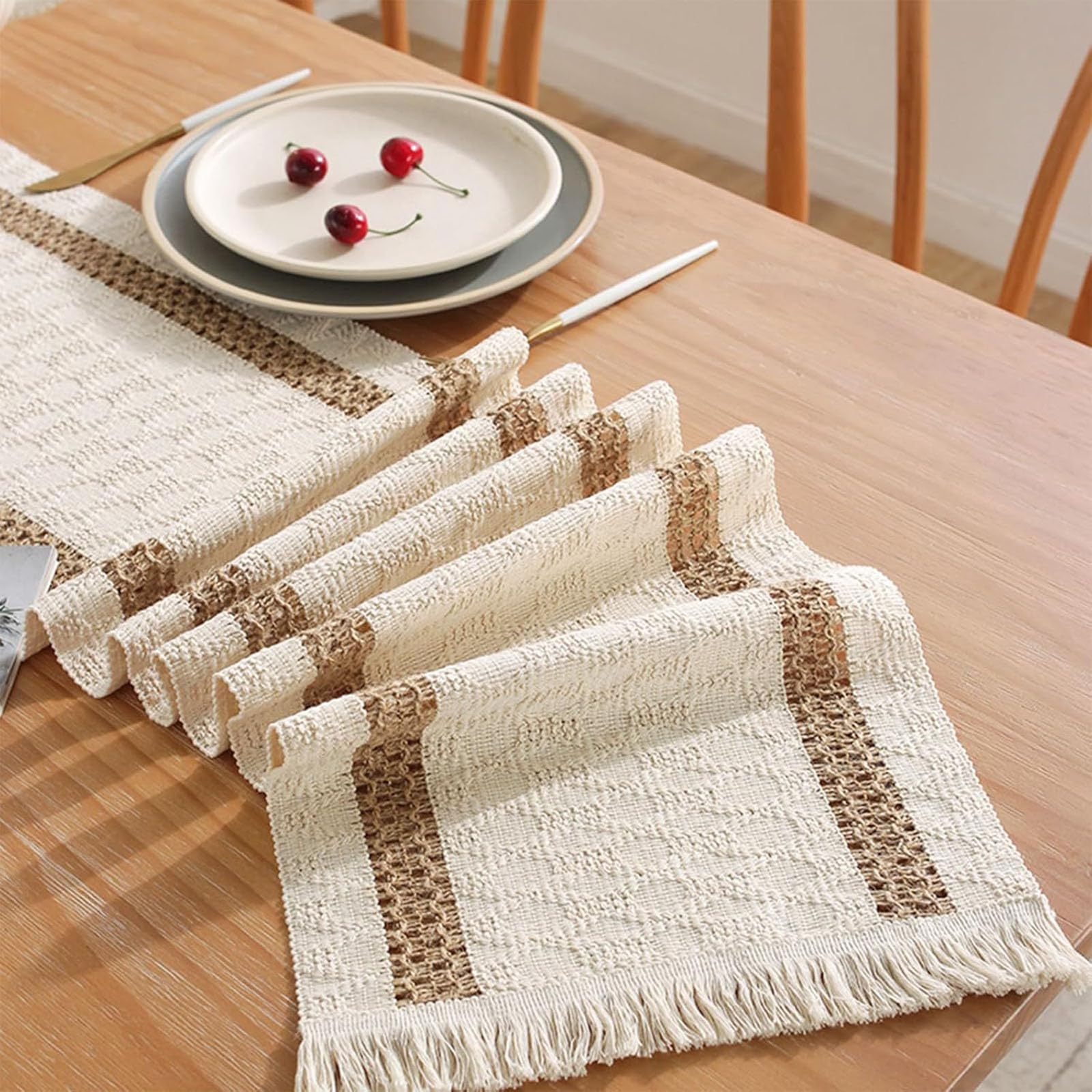 Runner da tavola in macramè con nappe a mano, stile rustico bohémien, in cotone e lino, tessuto di cotone all'uncinetto, decorazione per la casa, tovaglia per cucina, decorazione per la tavola