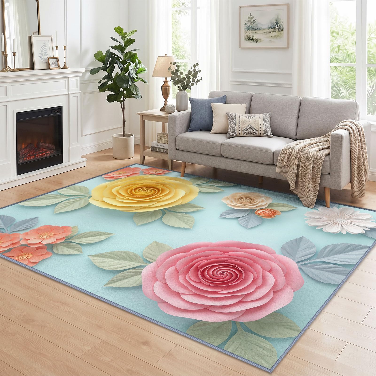 Générique Lavable en Machine Tapis Salon 80x154 cm, Floral Roses Antidérapant à Poil Ras Tapis, Moderne Art Romantique Écologique pour Salle à Manger Couloir Chambre Bureau