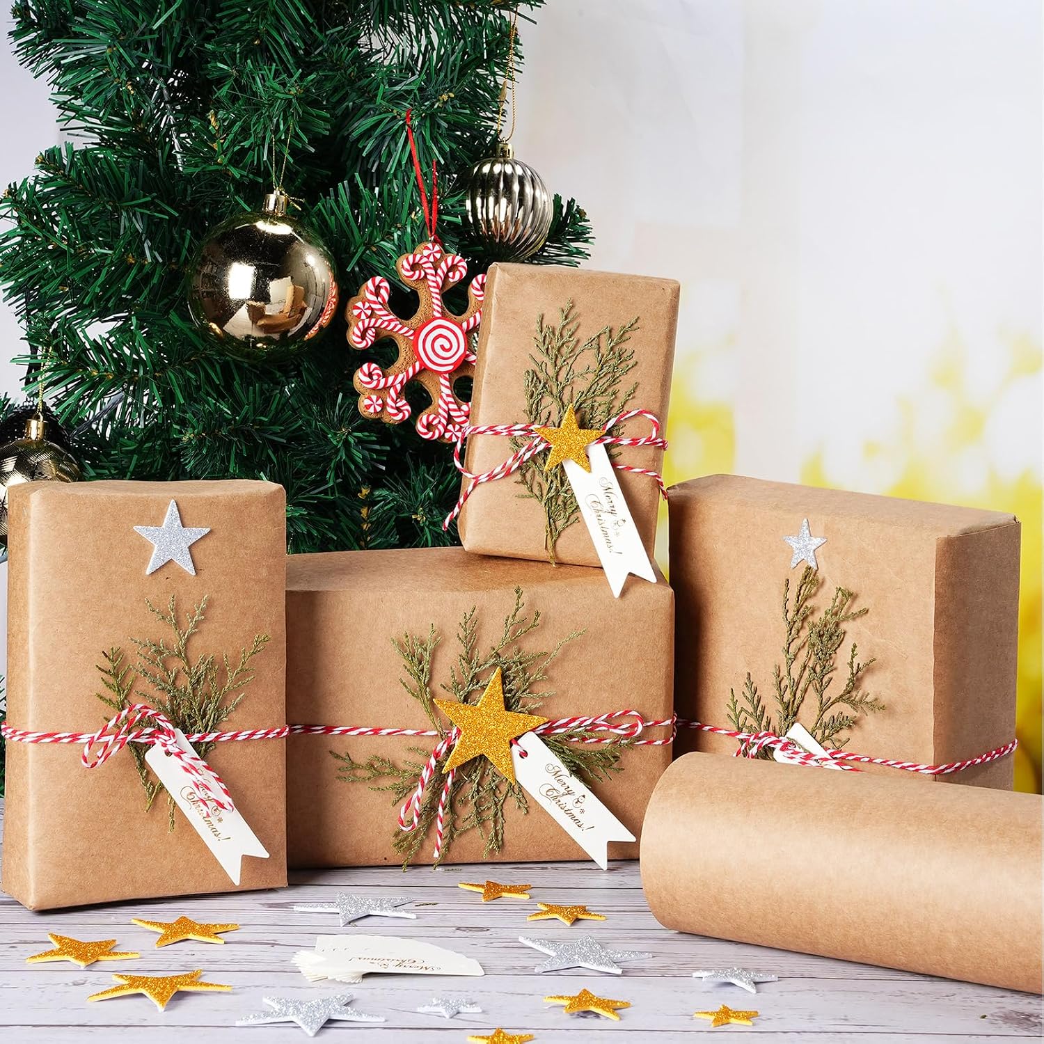 Cholemy 15.7 in x 65.6 ft Christmas Wrapping Paper set with Nature Pine Branches Christmas Wrapping Kraft Paper Cotton Rope Star Stickers White Label for Holiday Gift Christmas