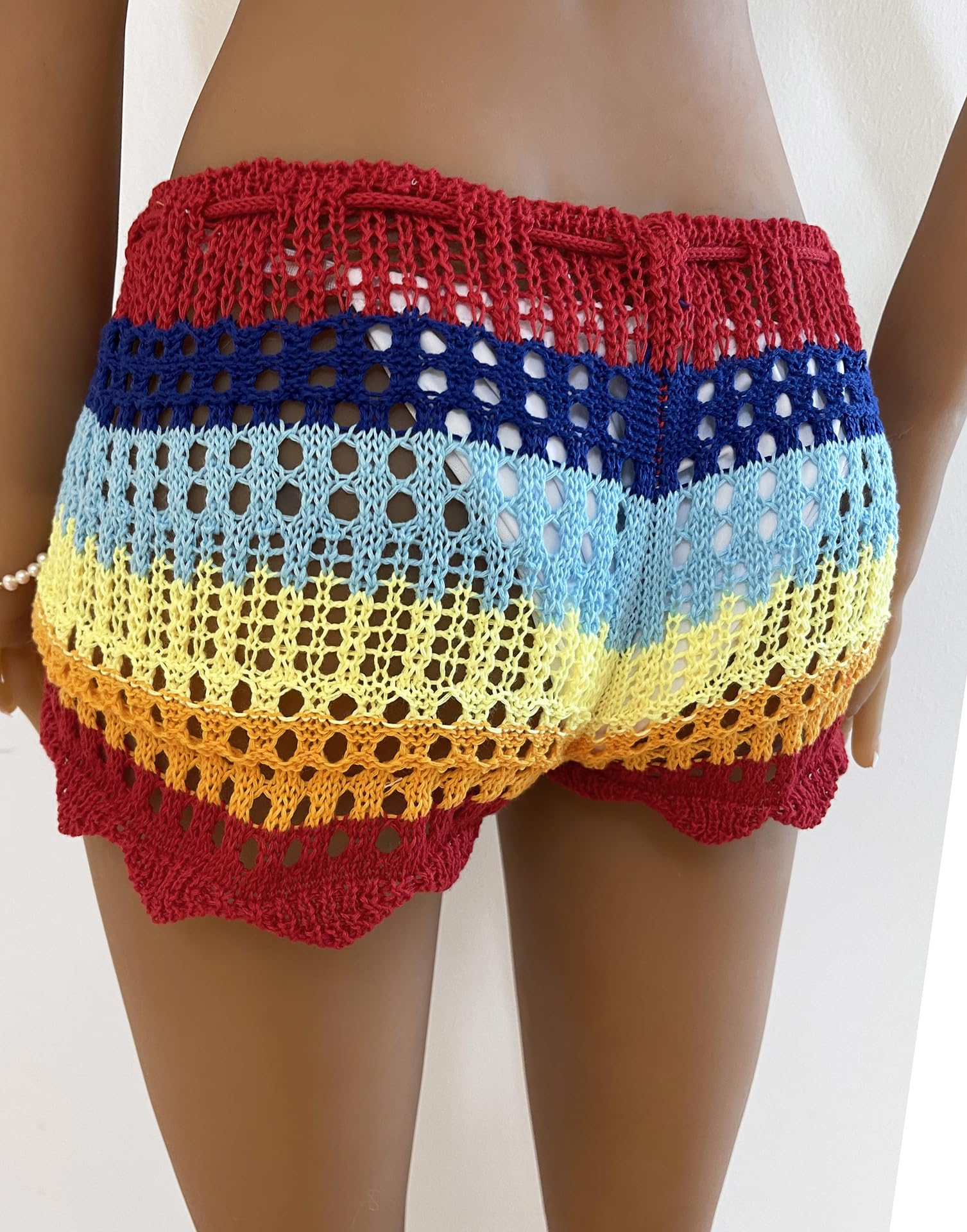 Pantaloncini da donna in maglia all'uncinetto, increspati, a strati, plissettati, estivi, autunno, spiaggia, festival musicali