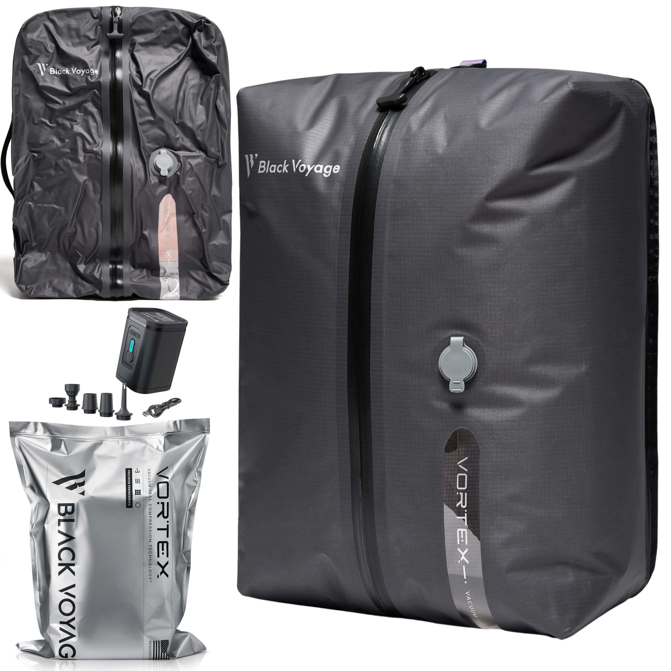 Black Voyage Reusable Vacuum Compression Travel Bag for Carry-On Suitcase and Backpack, Recycled IP67 Waterproof Space Saver Vacpack (1-Pack, 18L - Pump Included)