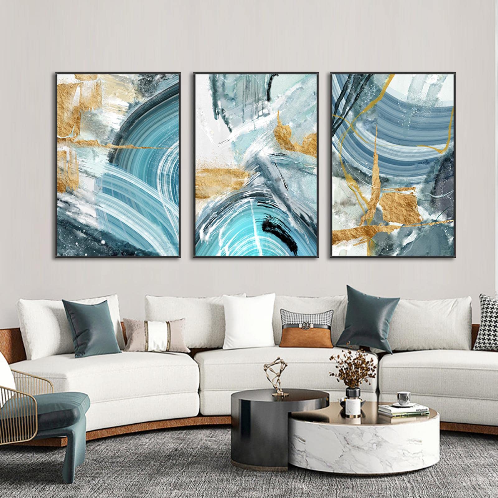 Amazon｜3pcsセット抽象ブルーゴールド絵画モダンポスターとプリント壁
