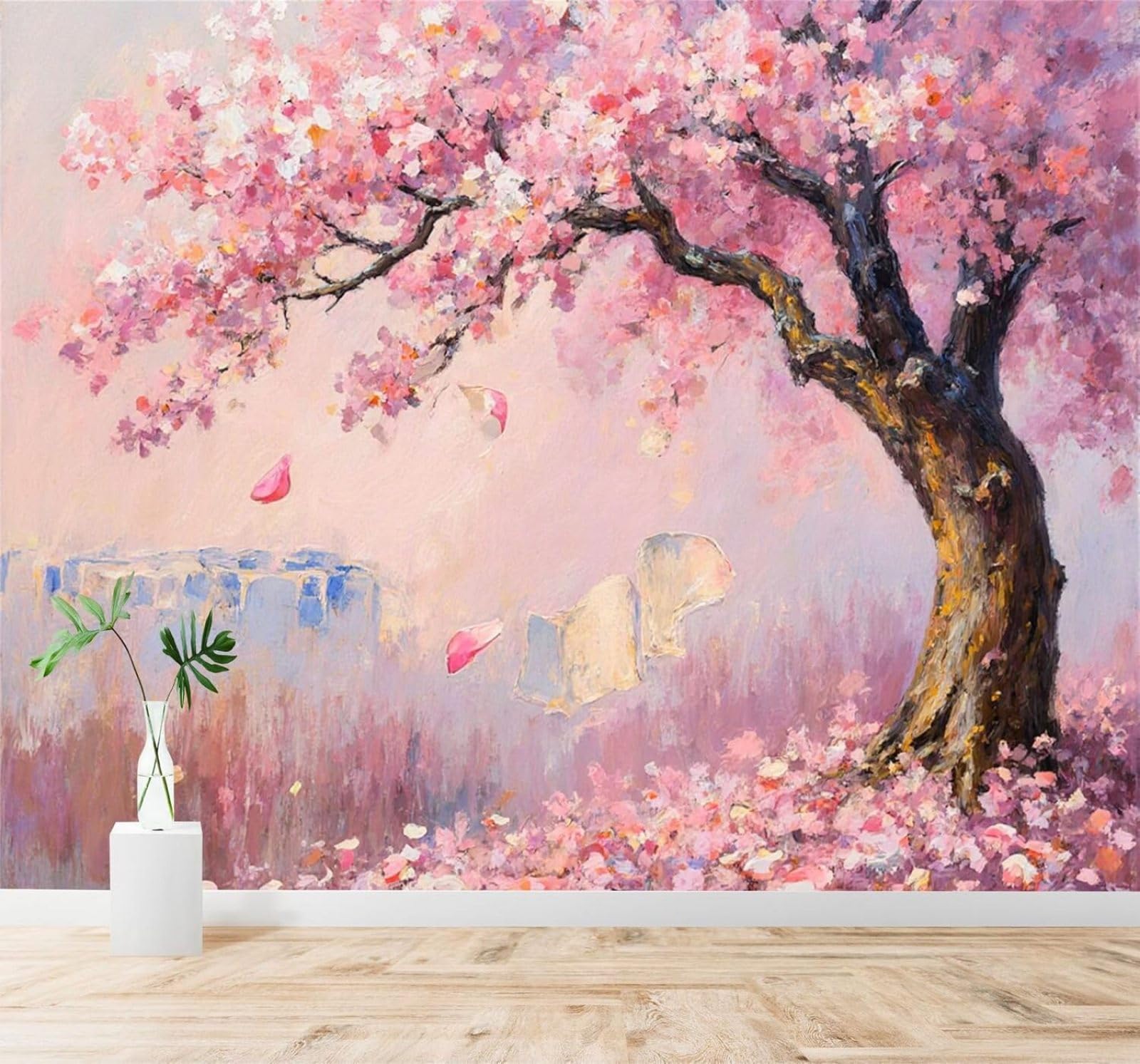 XLMING Watercolour Falling Petals Pink Cherry Blossom Tree Gentle Scenery 3D Wallpaper Silky Texture Home Study Office Grey Dining Room Sofa Bedroom Living Room TV Backdrop-150cm×105cm