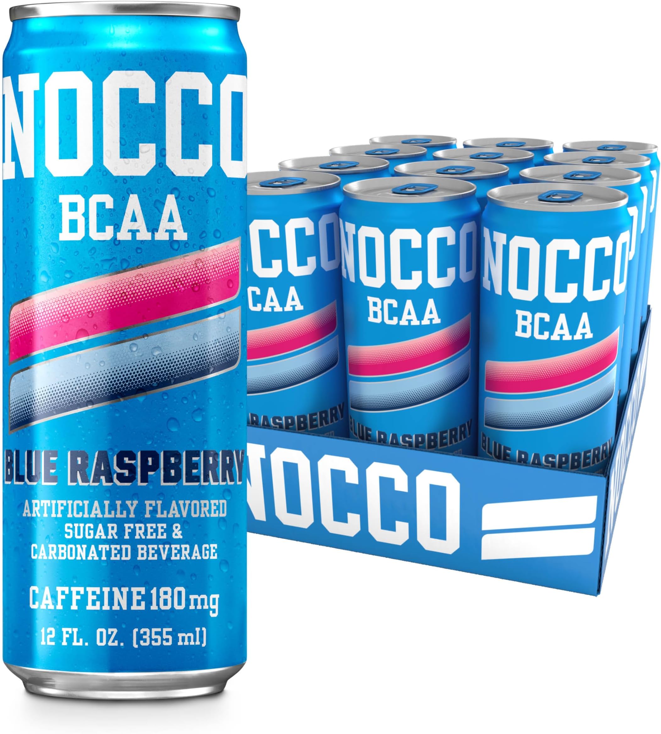 NOCCO Zero Sugar Energy Drink, Blue Raspberry - 12 Fl Oz (Pack of 12) - 180mg Caffeine, Sugar Free, BCAAs - Branched Chain Amino Acids, Carbonated & Low Cal, B Vitamins, Grab & Go Performance Beverage