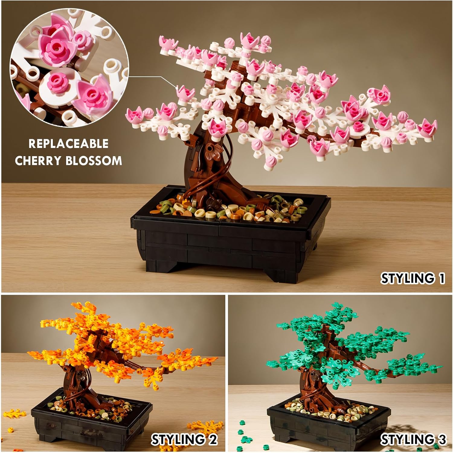Cherry Blossom Tree Building Sets,Le-go Bonsai Tree Sets for Adults,3 in 1 Botanical Collection DIY Plant,Gift for Home Decor and Office Art