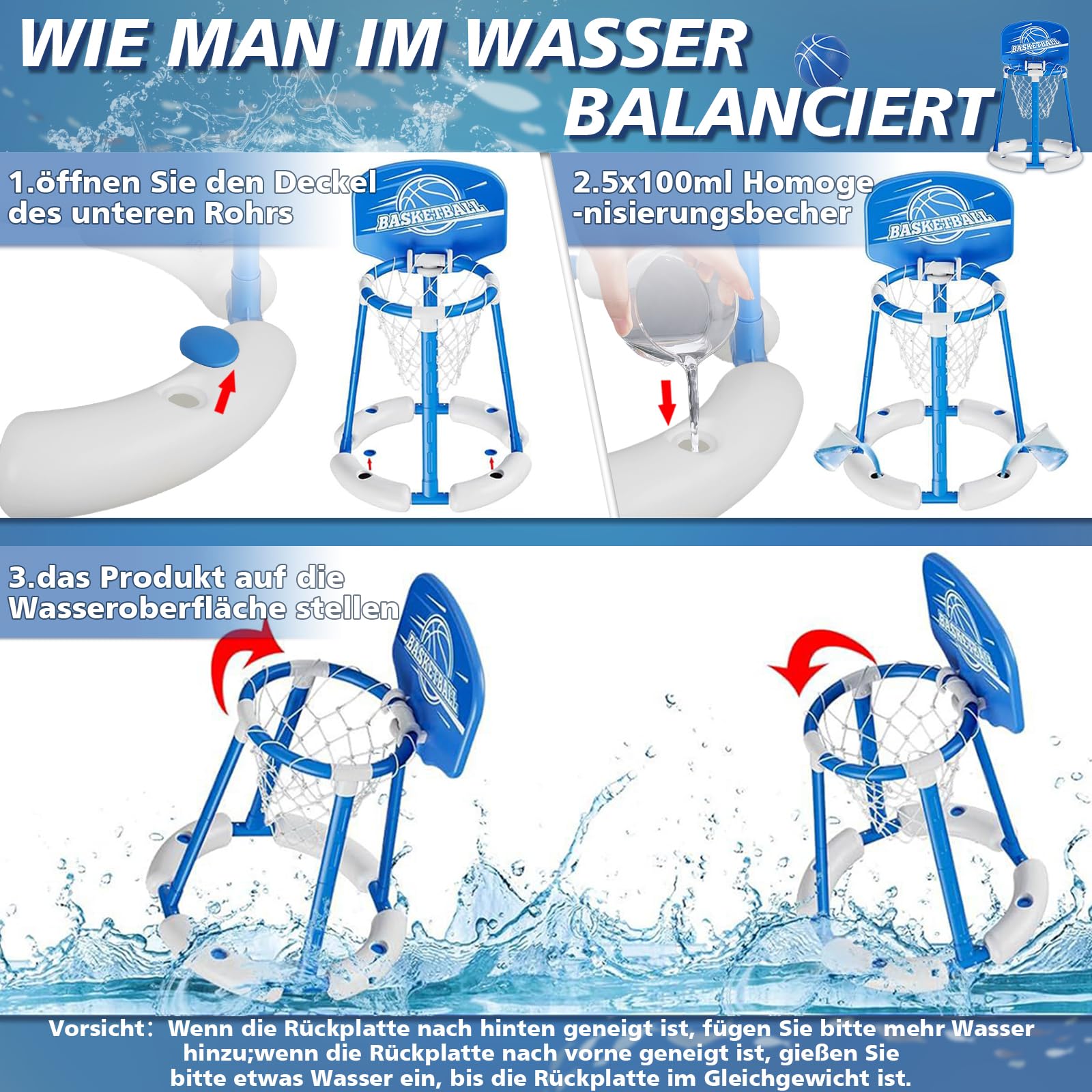 Charmofun Pool Basketballkorb Set mit 2 Basketbälle und Luftpumpe, schwimmende Basketballspiele für Kinder und Erwachsene