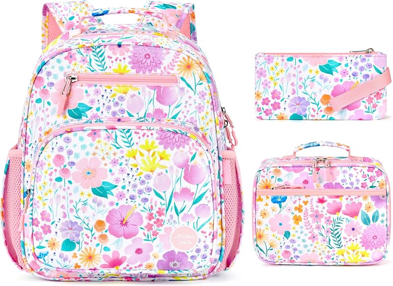 Girls Backpack with Lunch Box: 3PCS Kids Backpack Set for Kindergarten Elementary - 15 IN Cute Bookbag - Flower Pink